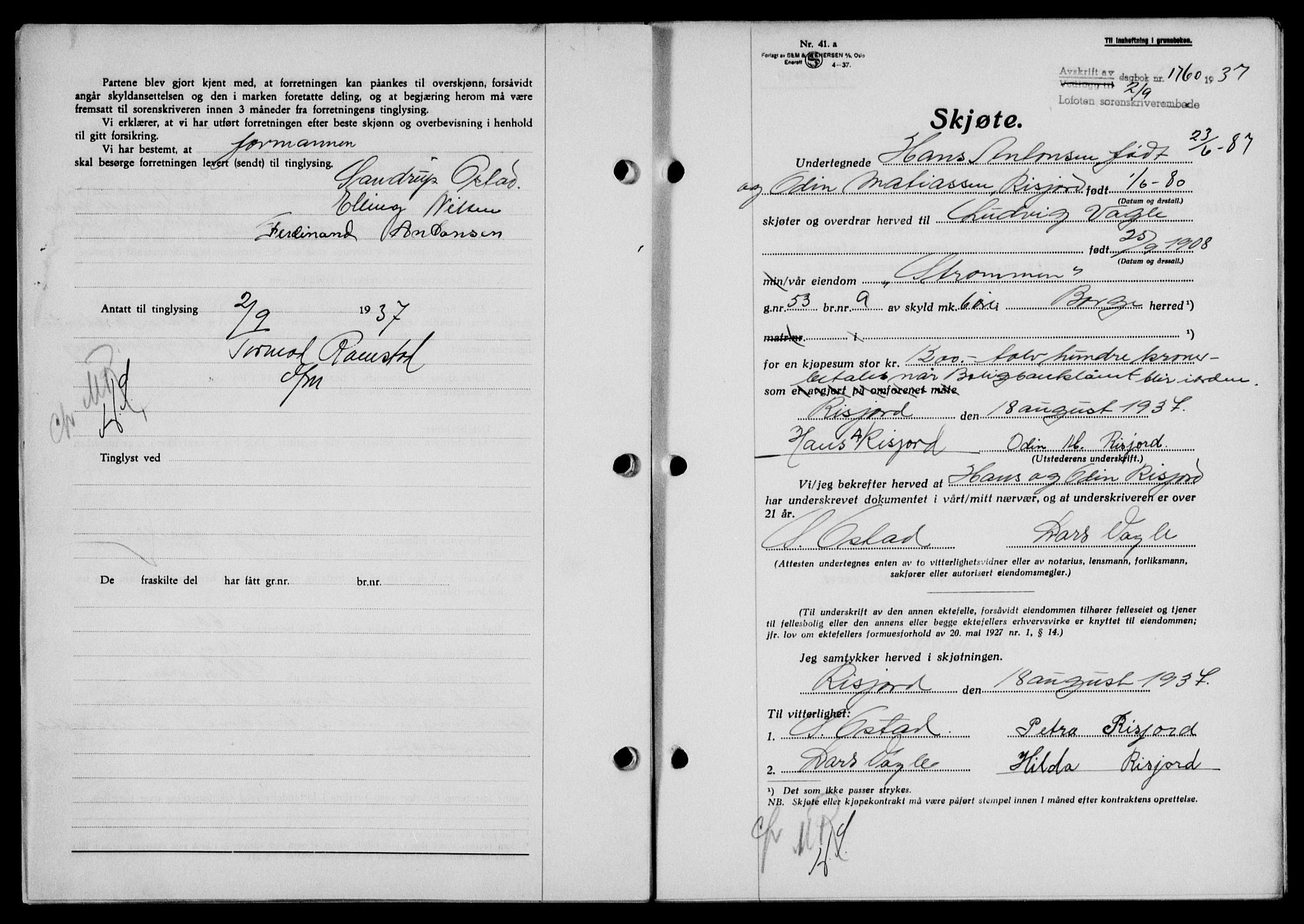 Lofoten sorenskriveri, SAT/A-0017/1/2/2C/L0002a: Mortgage book no. 2a, 1937-1937, Diary no: : 1760/1937