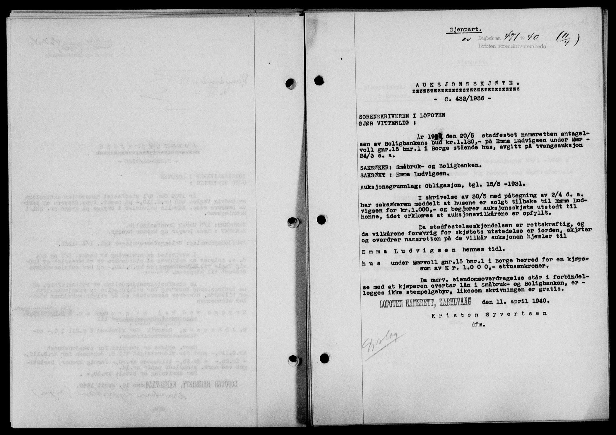 Lofoten sorenskriveri, SAT/A-0017/1/2/2C/L0007a: Mortgage book no. 7a, 1939-1940, Diary no: : 471/1940