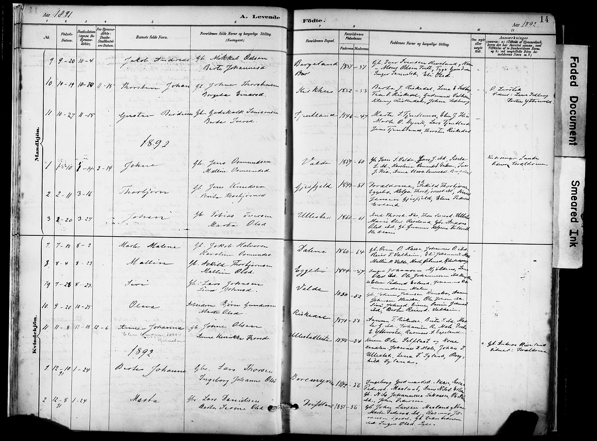 Hjelmeland sokneprestkontor, AV/SAST-A-101843/02/A/L0001: Parish register (official) no. A 16, 1887-1926, p. 14