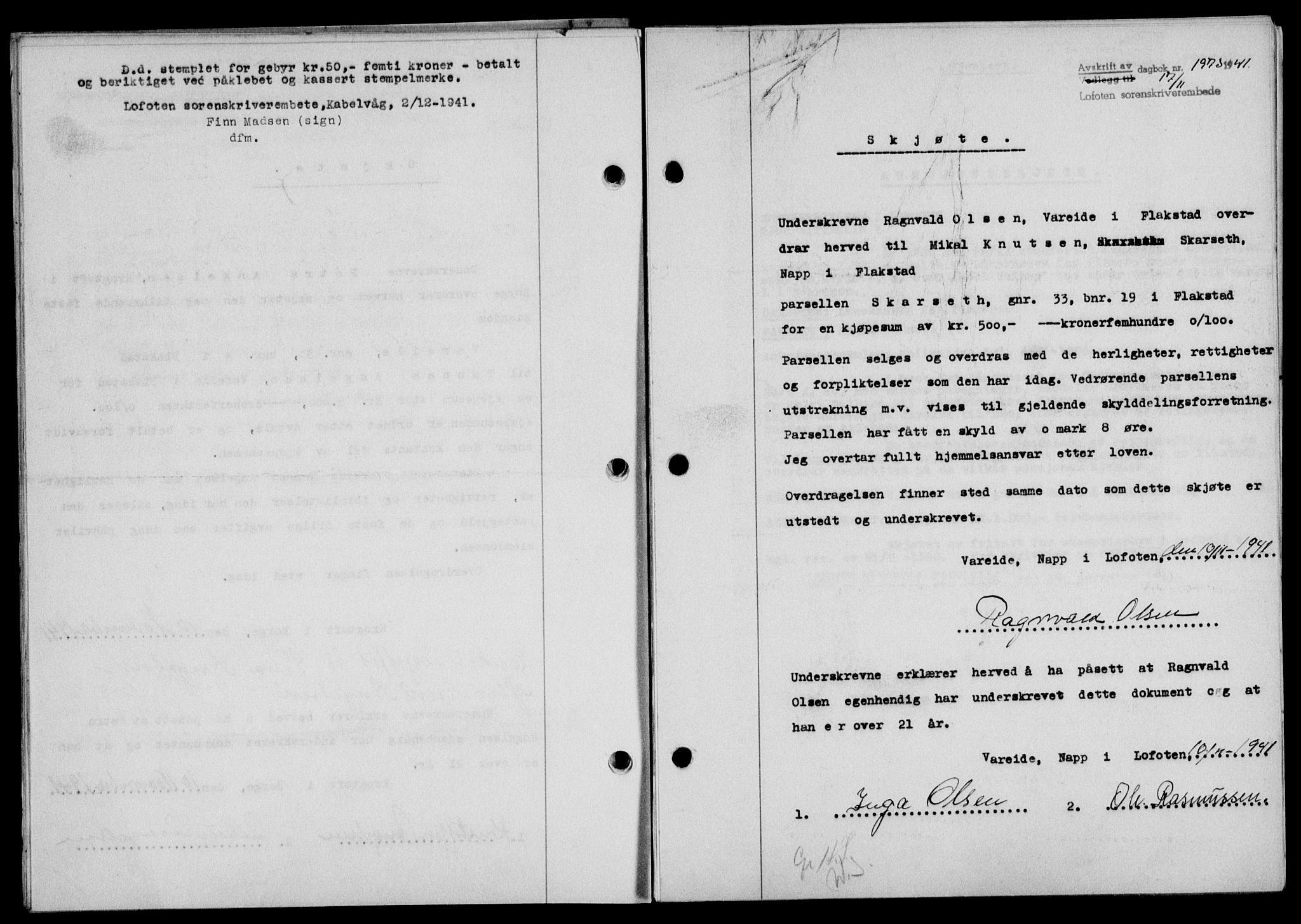 Lofoten sorenskriveri, SAT/A-0017/1/2/2C/L0009a: Mortgage book no. 9a, 1941-1942, Diary no: : 1973/1941