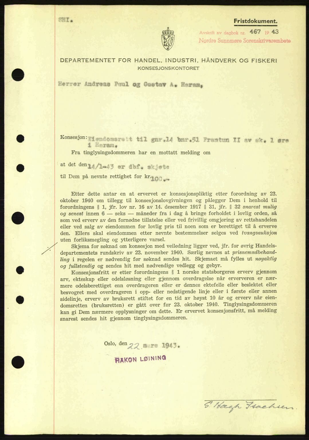 Nordre Sunnmøre sorenskriveri, SAT/A-0006/1/2/2C/2Ca: Mortgage book no. B6-14 a, 1942-1945, Diary no: : 467/1943