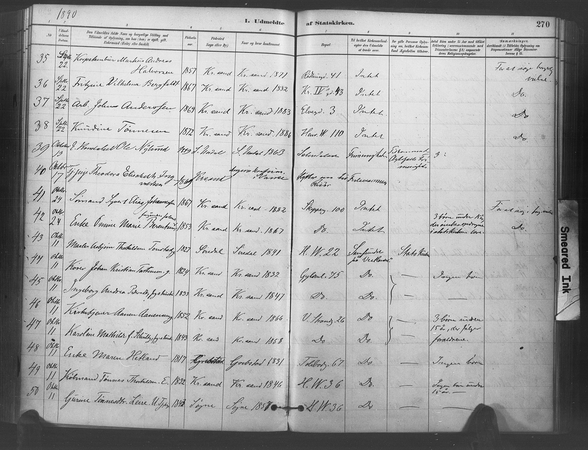 Kristiansand domprosti, SAK/1112-0006/F/Fa/L0018: Parish register (official) no. A 17, 1880-1892, p. 270