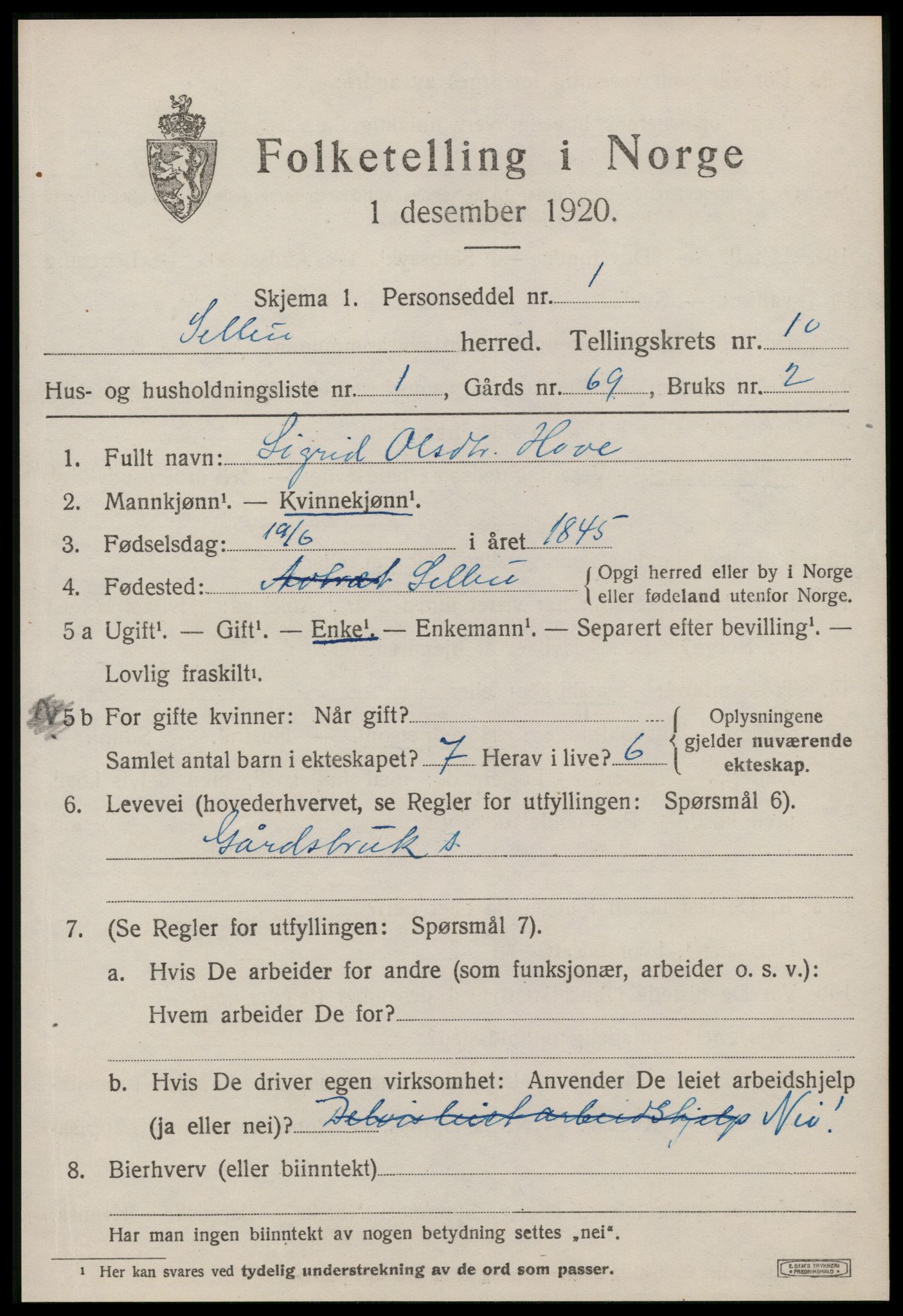 SAT, 1920 census for Selbu, 1920, p. 5734