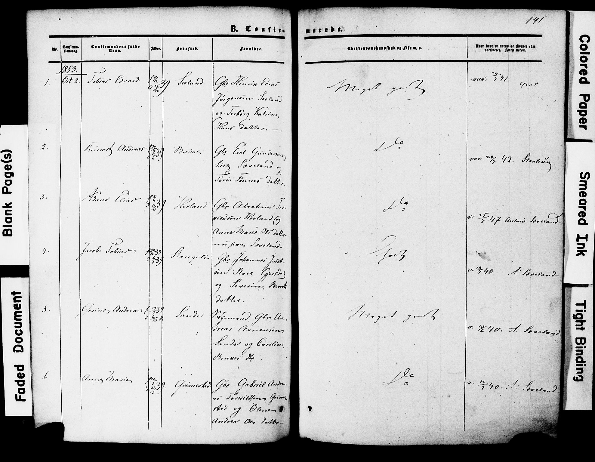 Herad sokneprestkontor, SAK/1111-0018/F/Fa/Faa/L0005: Parish register (official) no. A 5, 1853-1886, p. 141