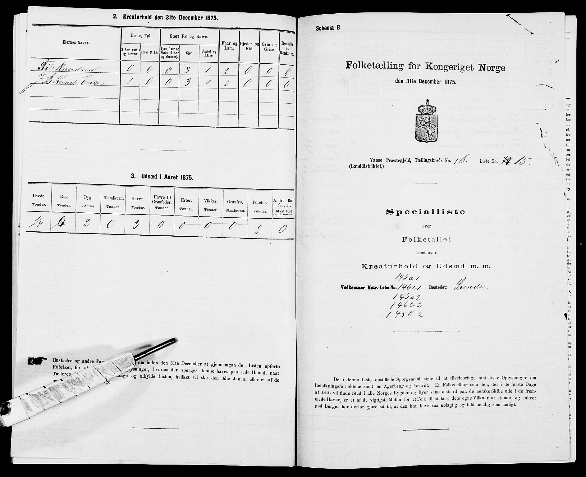 SAK, 1875 census for 1041L Vanse/Vanse og Farsund, 1875, p. 292