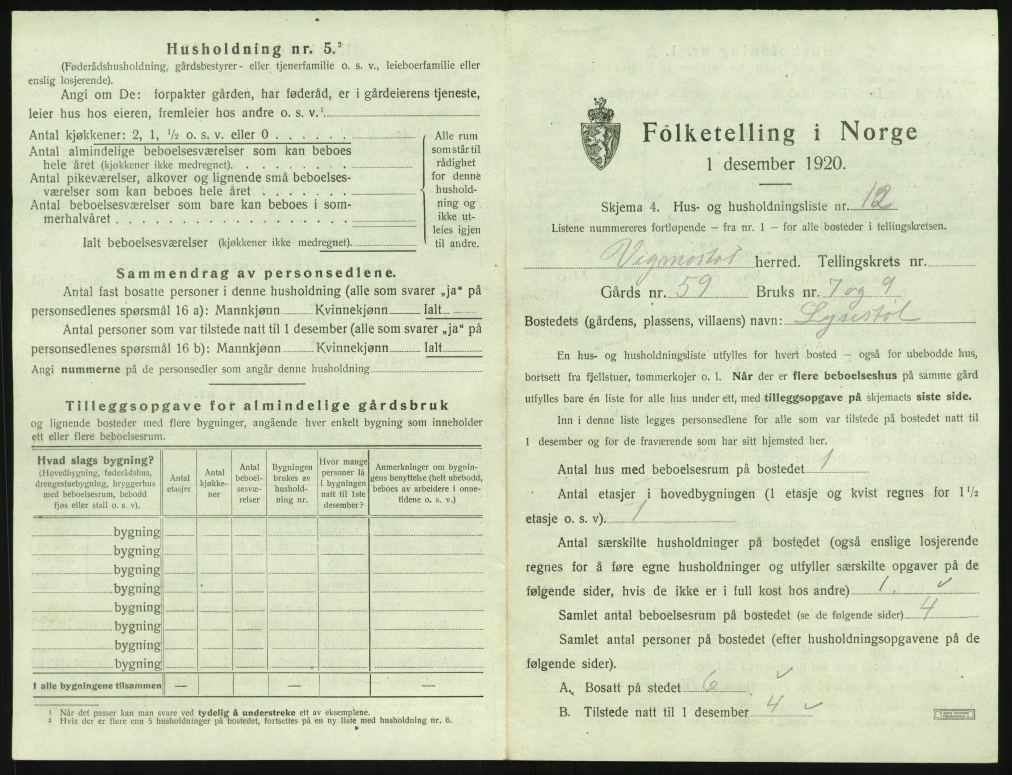SAK, 1920 census for Vigmostad, 1920, p. 55