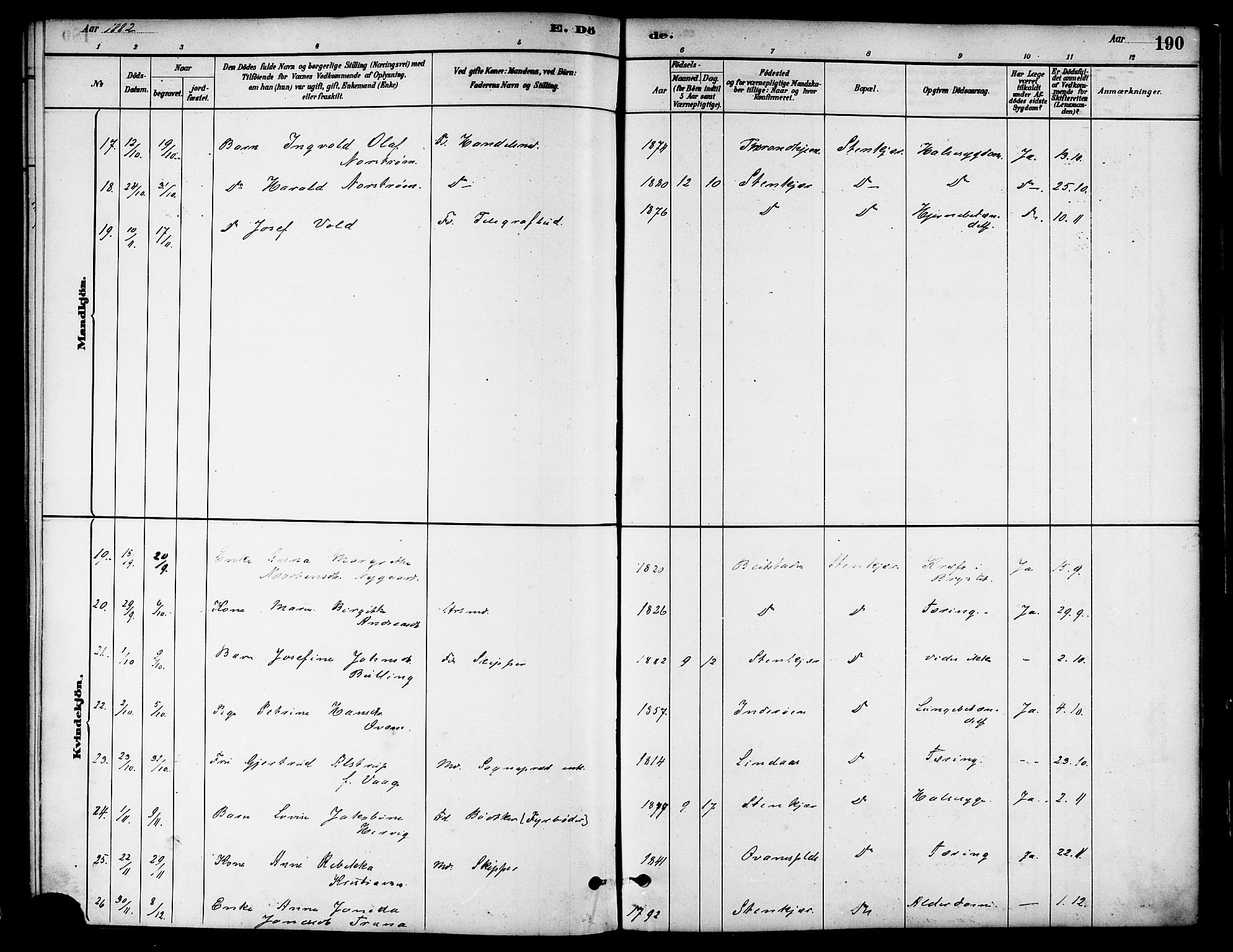 Ministerialprotokoller, klokkerbøker og fødselsregistre - Nord-Trøndelag, SAT/A-1458/739/L0371: Parish register (official) no. 739A03, 1881-1895, p. 190