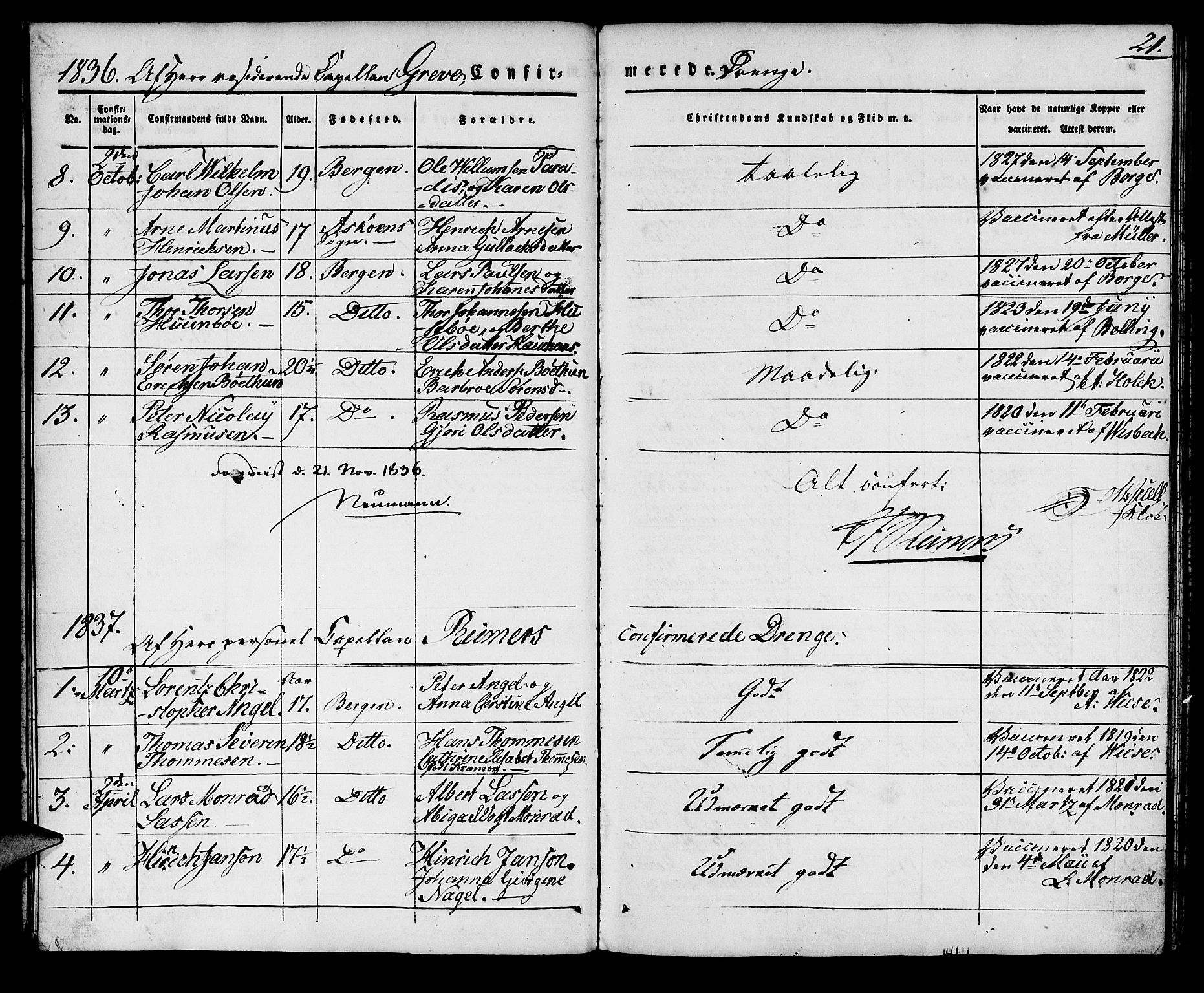 Domkirken sokneprestembete, SAB/A-74801/H/Haa/L0026: Parish register (official) no. C 1, 1834-1840, p. 21