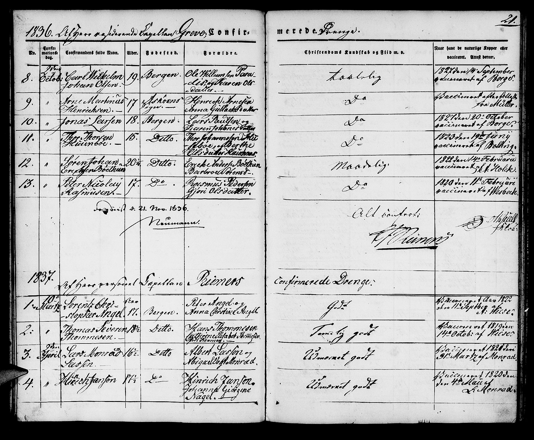 Domkirken sokneprestembete, AV/SAB-A-74801/H/Haa/L0026: Parish register (official) no. C 1, 1834-1840, p. 21