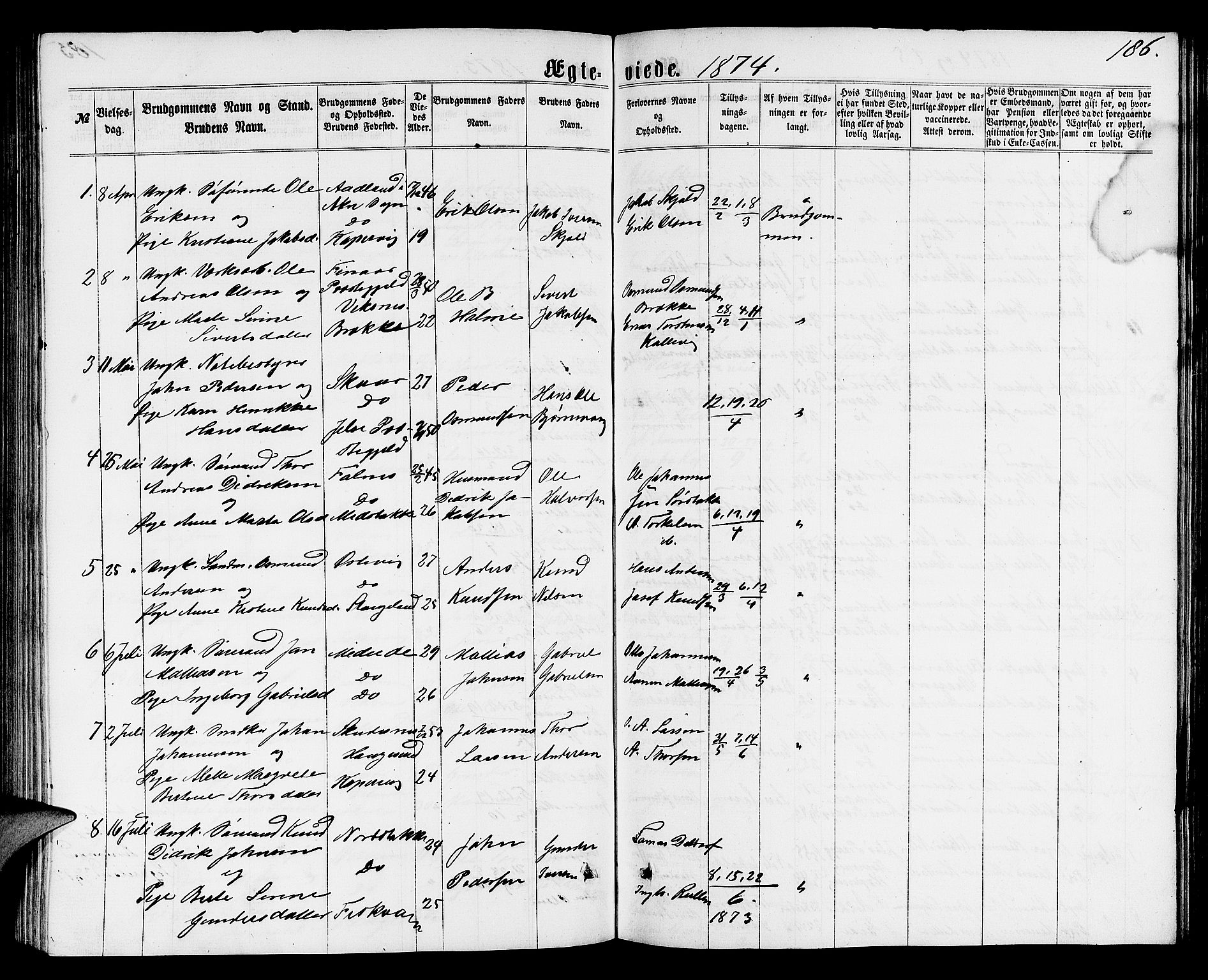 Avaldsnes sokneprestkontor, AV/SAST-A -101851/H/Ha/Hab/L0004: Parish register (copy) no. B 4, 1861-1876, p. 186