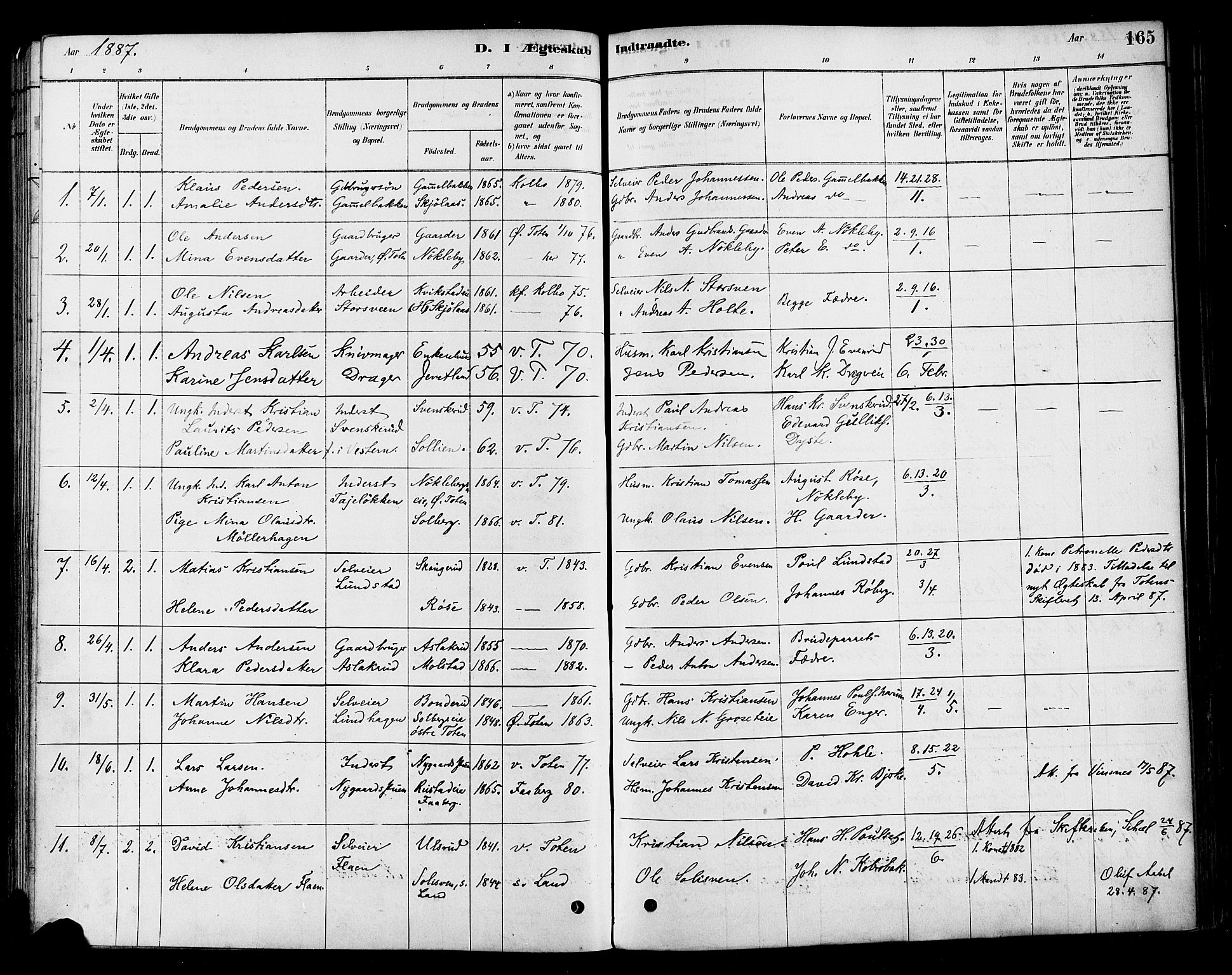 Vestre Toten prestekontor, SAH/PREST-108/H/Ha/Haa/L0010: Parish register (official) no. 10, 1878-1894, p. 165