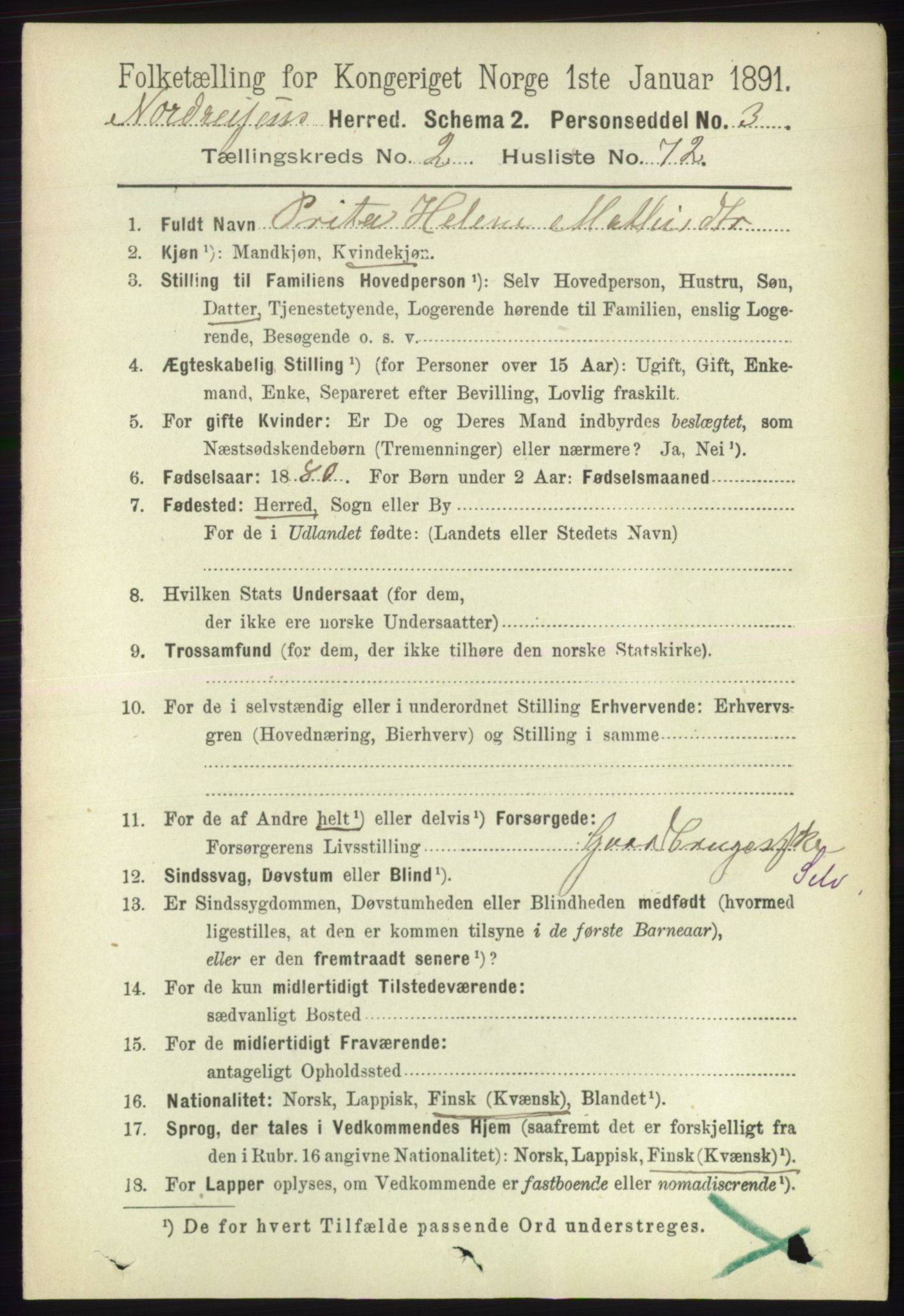 RA, 1891 census for 1942 Nordreisa, 1891, p. 1297