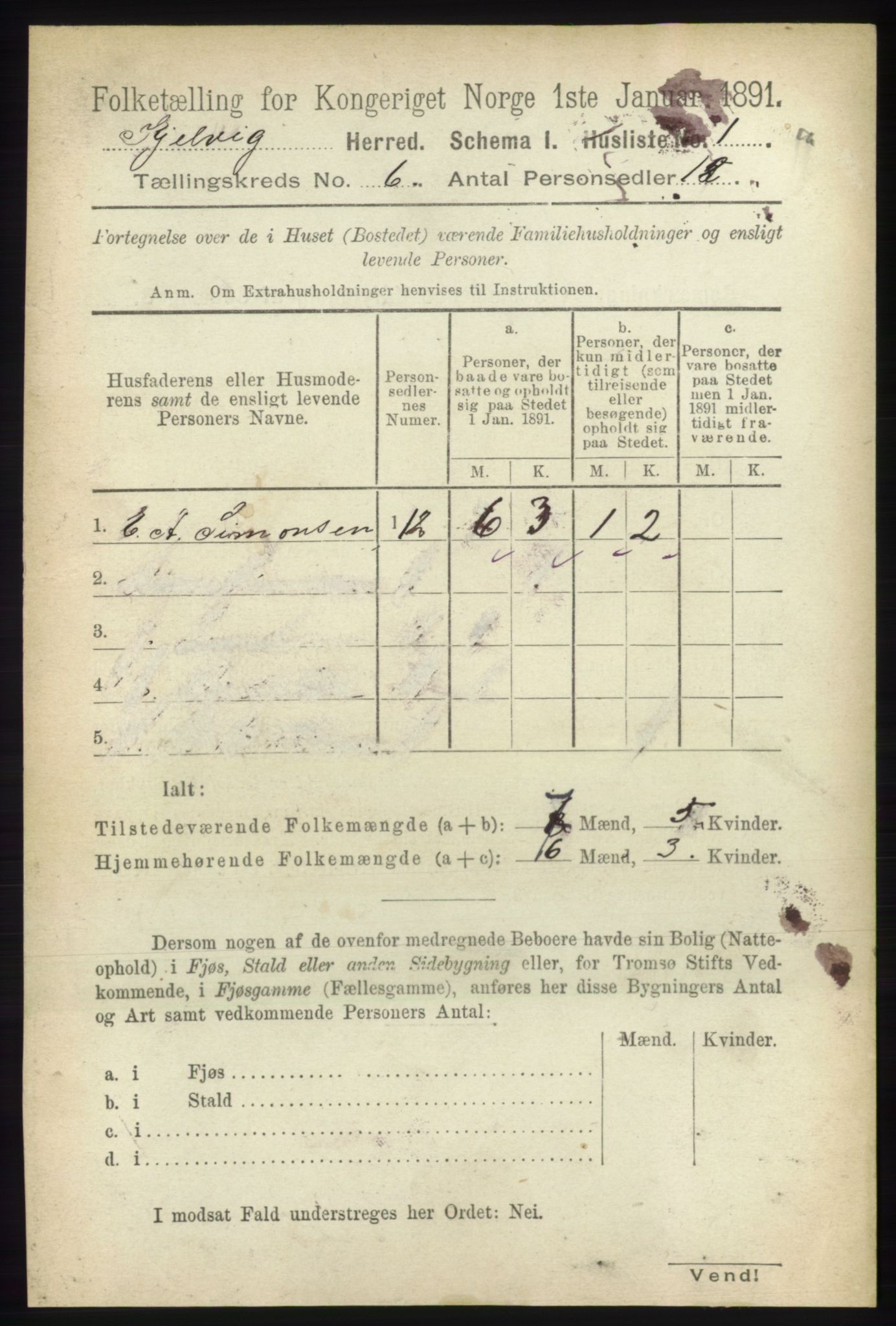 RA, 1891 census for 2019 Kjelvik, 1891, p. 583