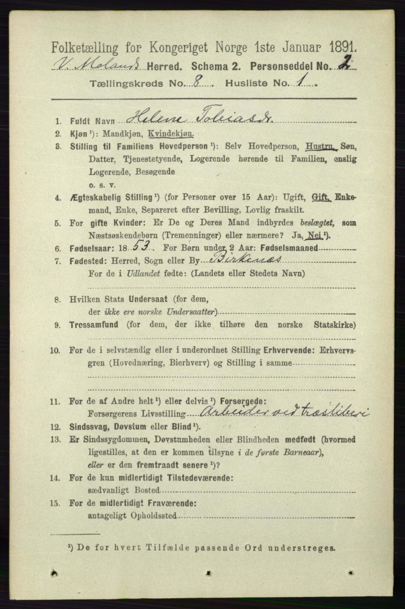 RA, 1891 census for 0926 Vestre Moland, 1891, p. 2999