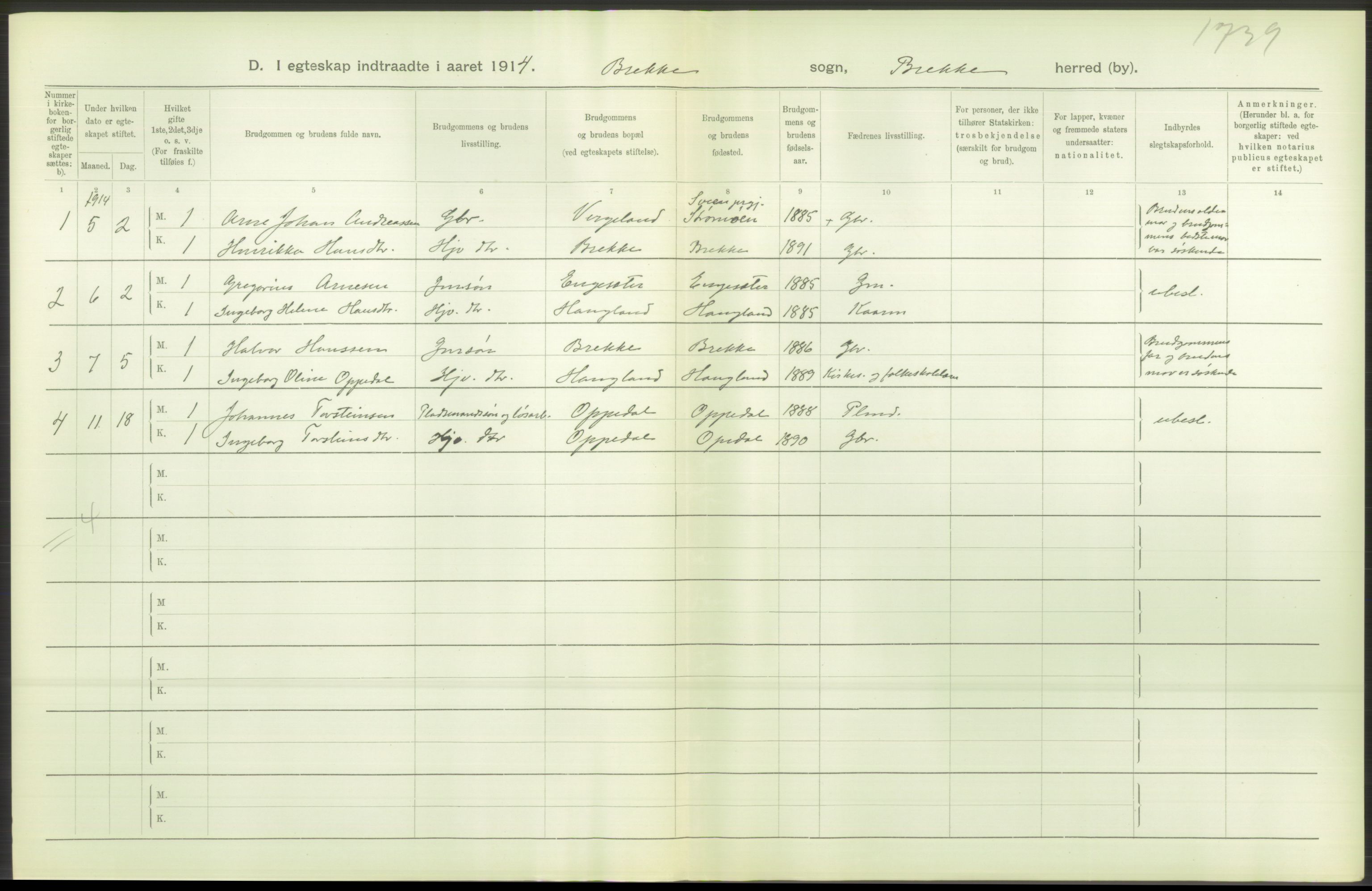 Statistisk sentralbyrå, Sosiodemografiske emner, Befolkning, AV/RA-S-2228/D/Df/Dfb/Dfbd/L0033: N. Bergenhus amt: Gifte, døde, dødfødte. Bygder., 1914, p. 60