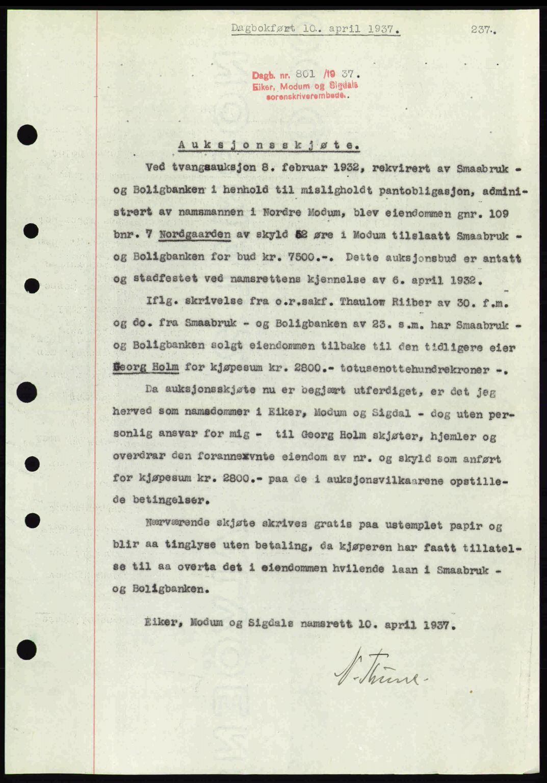 Eiker, Modum og Sigdal sorenskriveri, SAKO/A-123/G/Ga/Gab/L0035: Mortgage book no. A5, 1937-1937, Diary no: : 801/1937