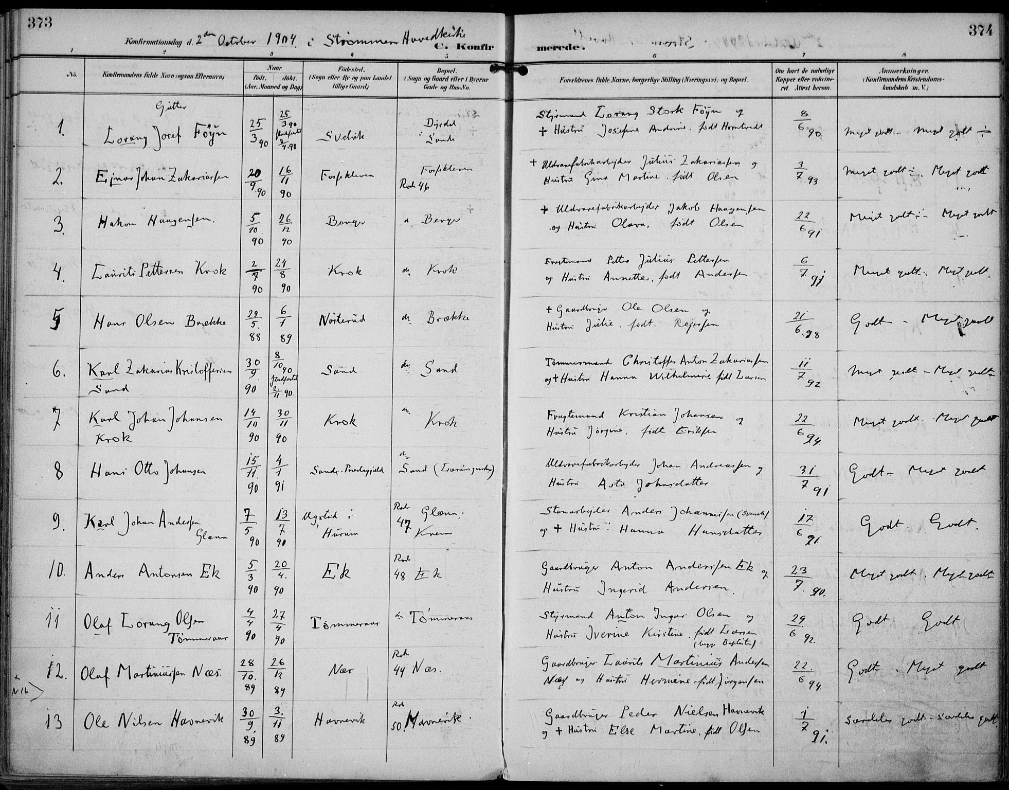 Strømm kirkebøker, AV/SAKO-A-322/F/Fa/L0005: Parish register (official) no. I 5, 1898-1919, p. 373-374