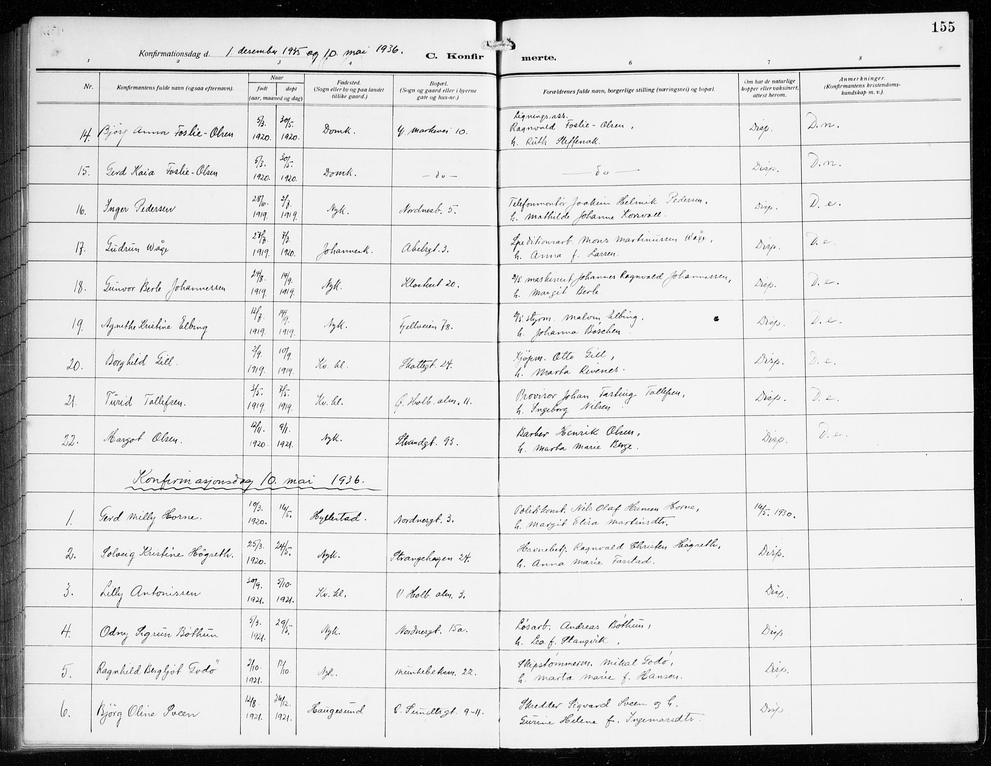Nykirken Sokneprestembete, SAB/A-77101/H/Haa/L0030: Parish register (official) no. C 9, 1913-1936, p. 155