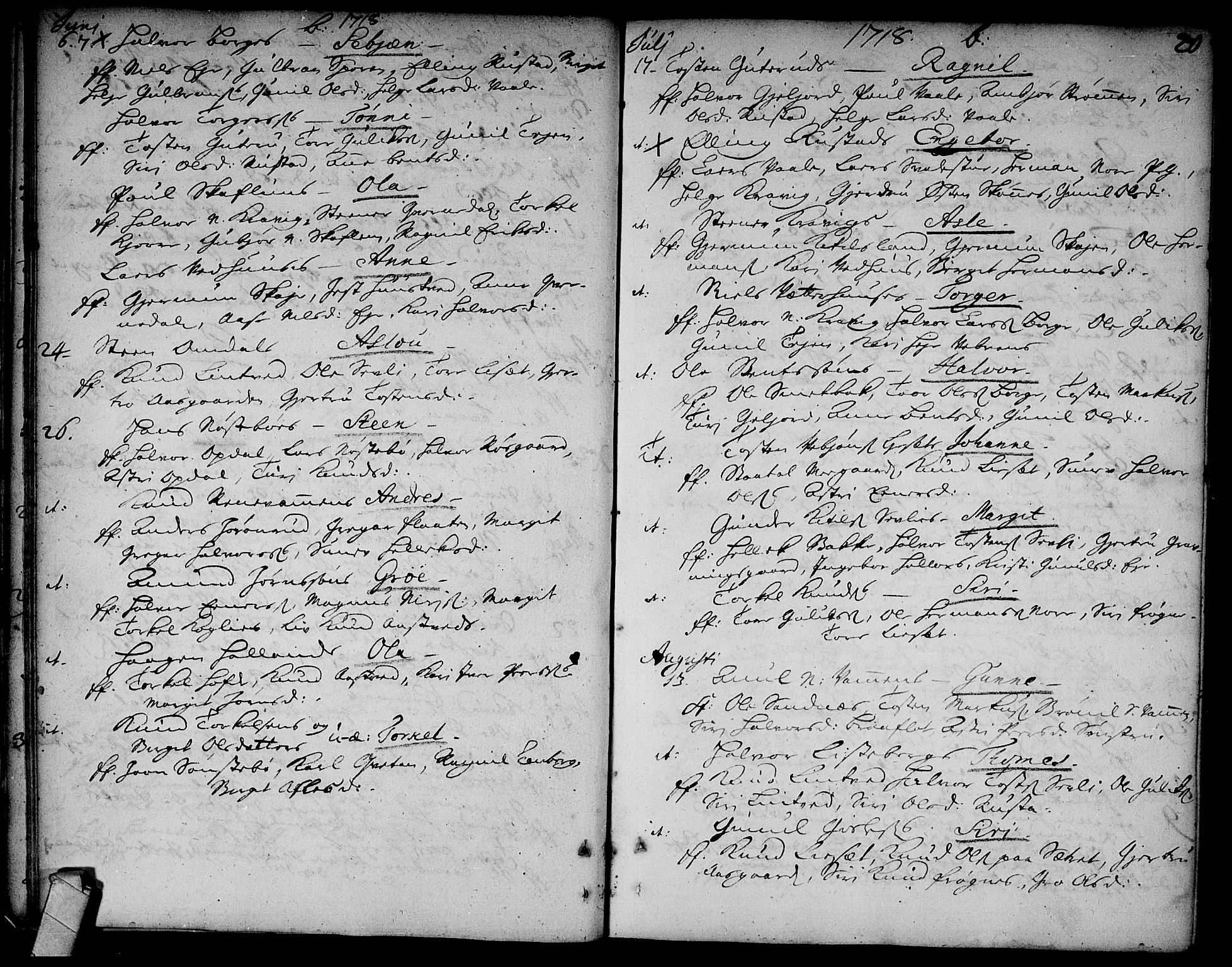 Rollag kirkebøker, AV/SAKO-A-240/F/Fa/L0002: Parish register (official) no. I 2, 1714-1742, p. 20