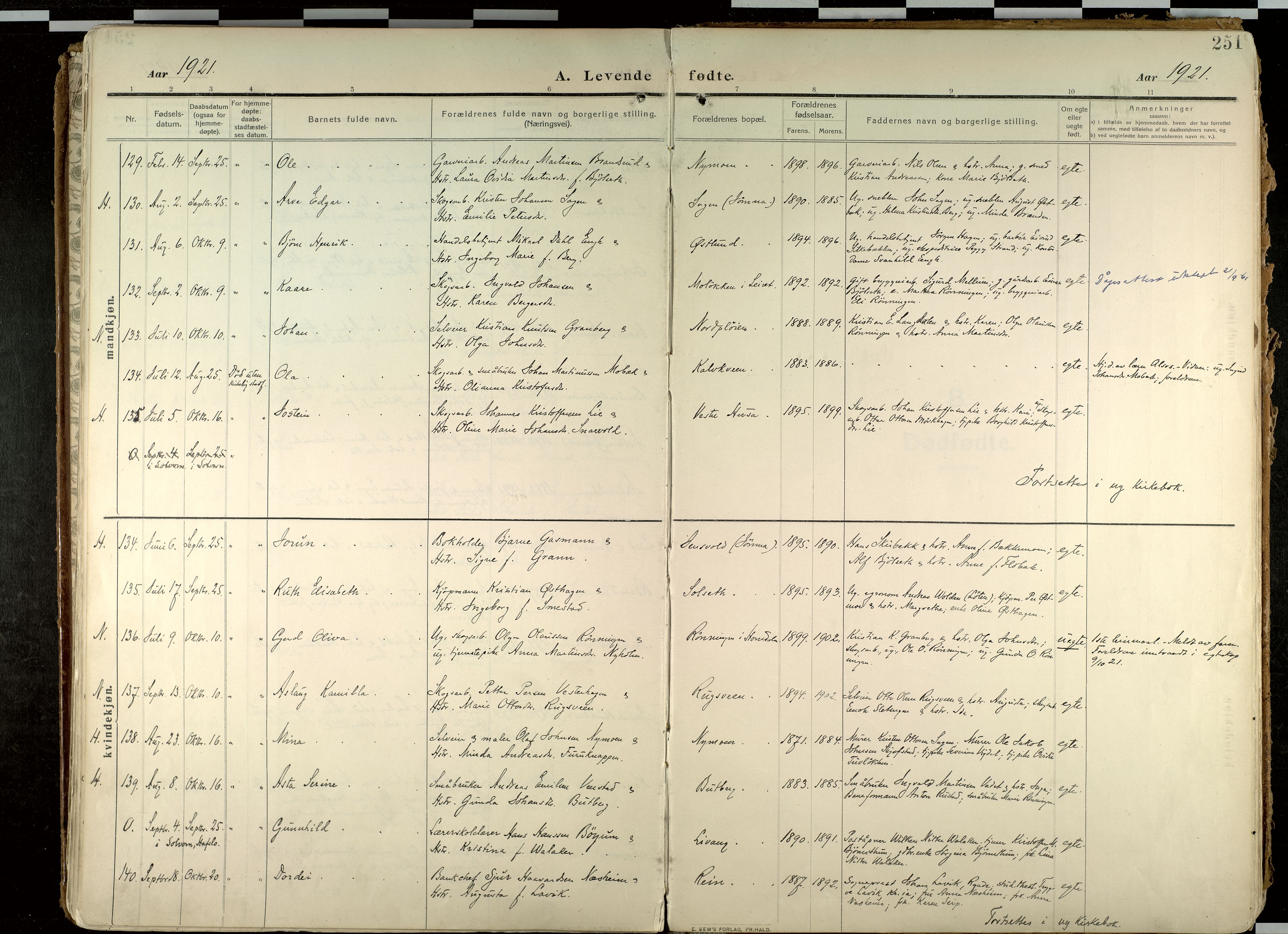 Elverum prestekontor, AV/SAH-PREST-044/H/Ha/Haa/L0020: Parish register (official) no. 20, 1909-1921, p. 251