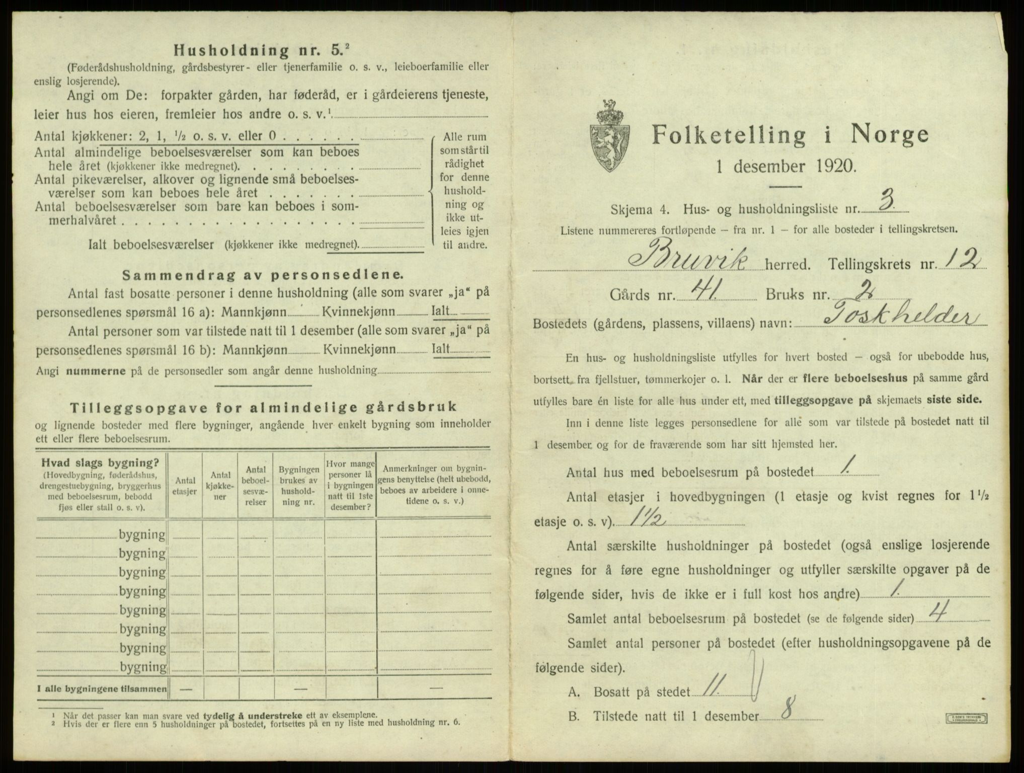 SAB, 1920 census for Bruvik, 1920, p. 850