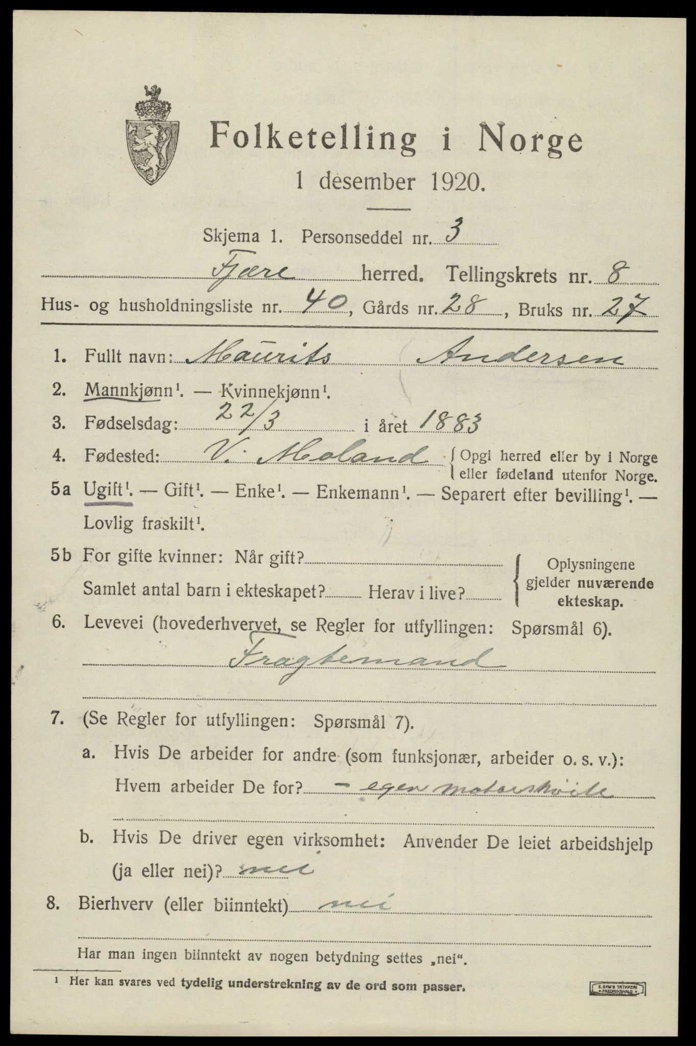 SAK, 1920 census for Fjære, 1920, p. 10781