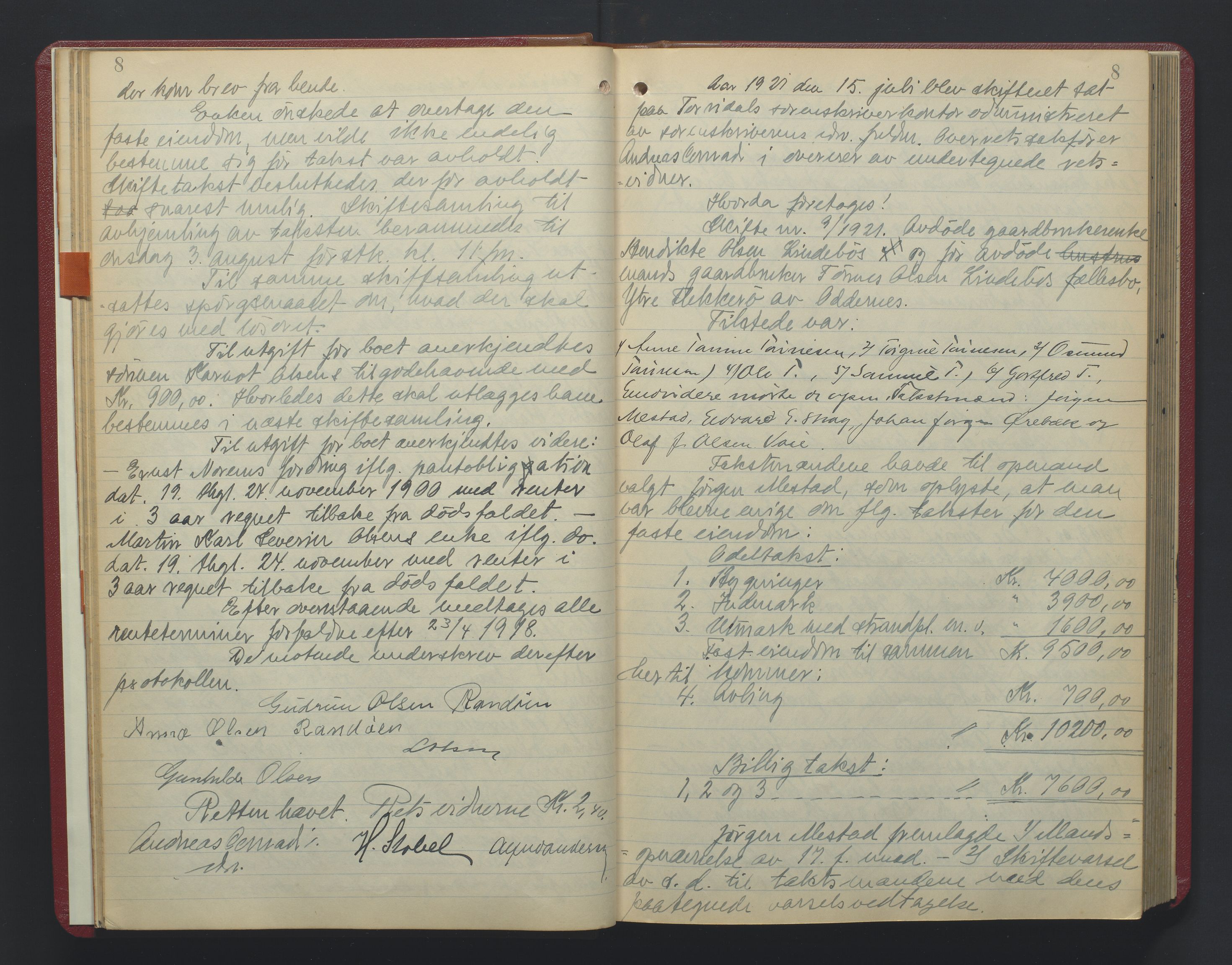 Torridal sorenskriveri, AV/SAK-1221-0012/H/Hc/L0024: Skifteforhandlingsprotokoll med navneregister nr. 10, 1921-1925, p. 8