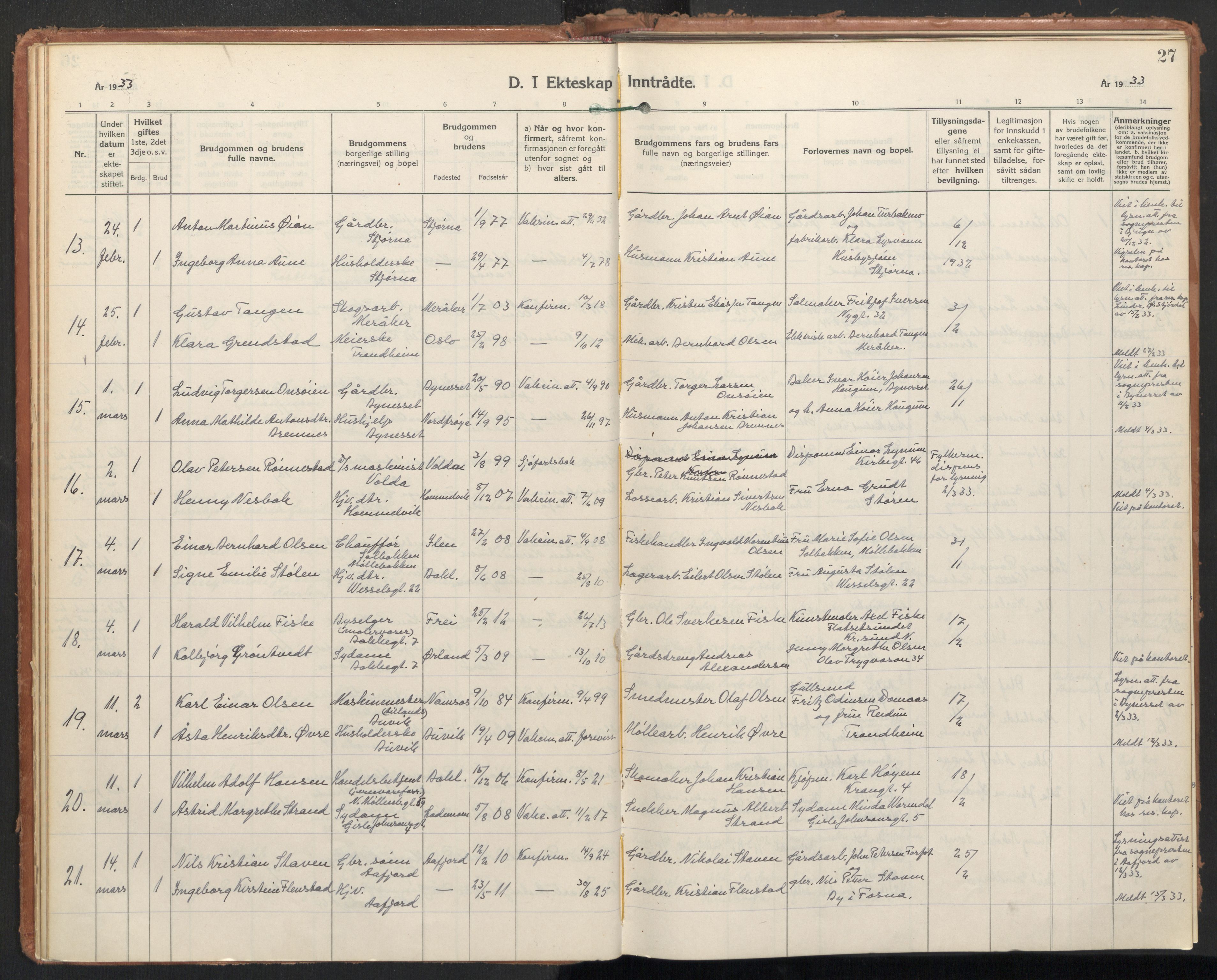 Ministerialprotokoller, klokkerbøker og fødselsregistre - Sør-Trøndelag, AV/SAT-A-1456/604/L0209: Parish register (official) no. 604A29, 1931-1945, p. 27