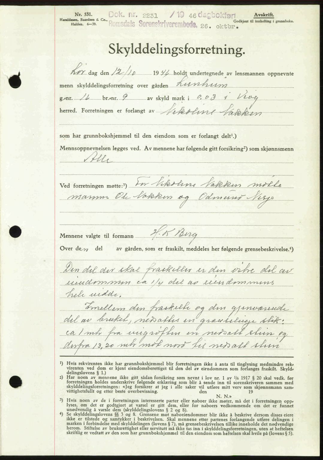 Romsdal sorenskriveri, AV/SAT-A-4149/1/2/2C: Mortgage book no. A21, 1946-1946, Diary no: : 2231/1946