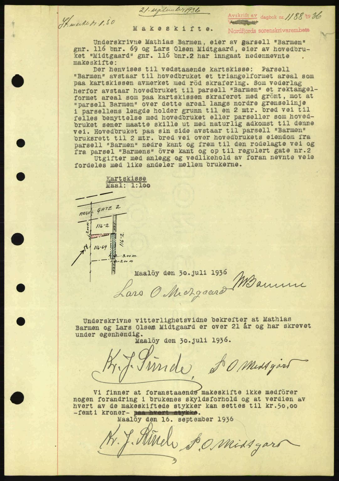 Nordfjord sorenskriveri, AV/SAB-A-2801/02/02b/02bj/L0001: Mortgage book no. A1, 1936-1937, Diary no: : 1188/1936