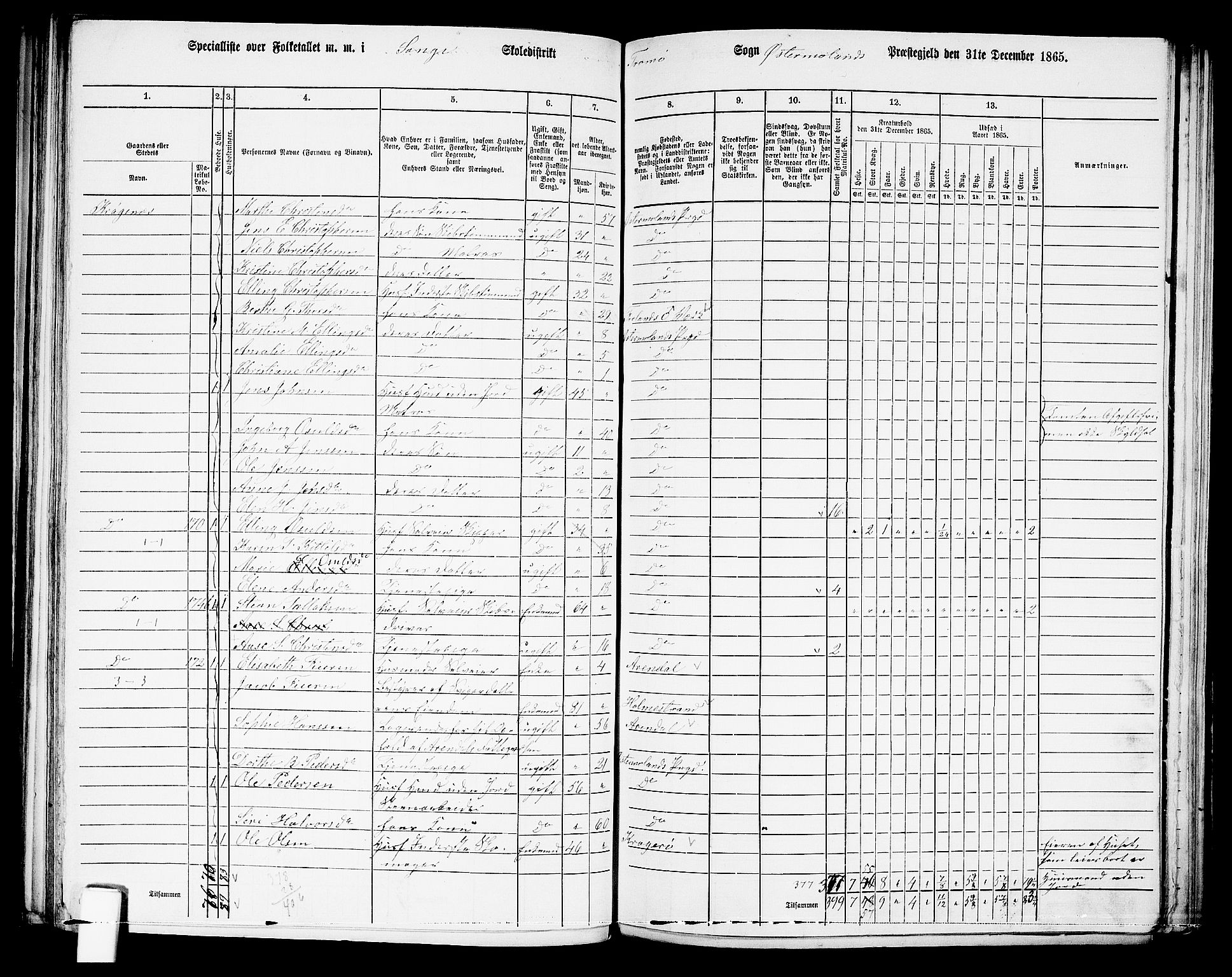 RA, 1865 census for Austre Moland, 1865, p. 166