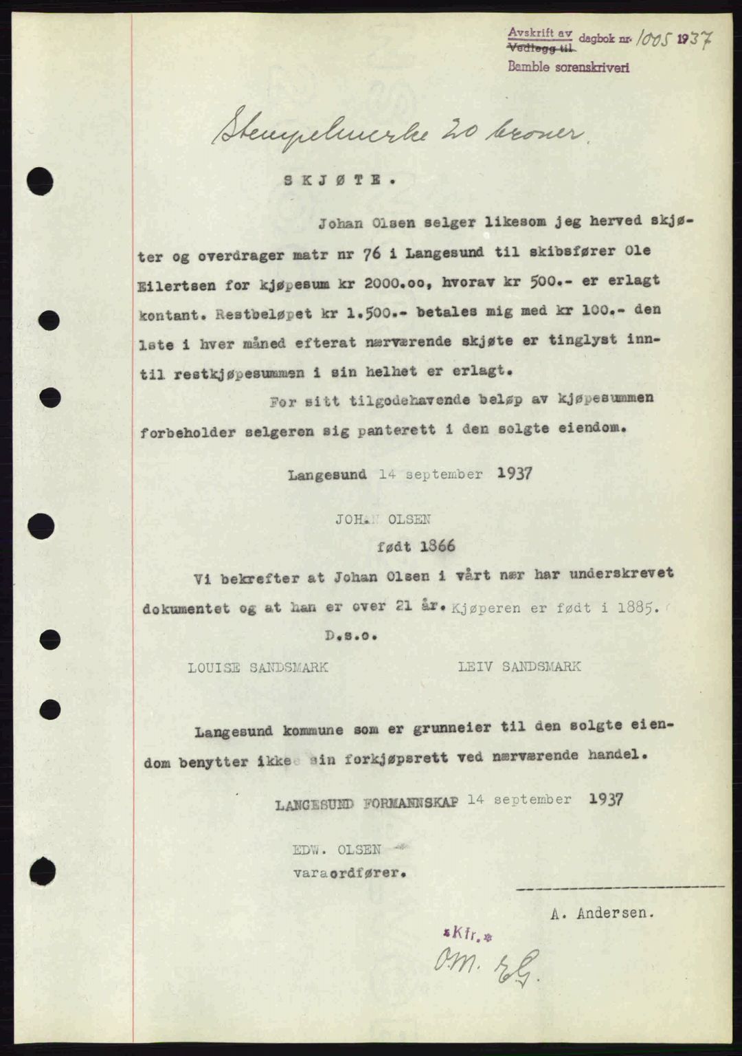 Bamble sorenskriveri, AV/SAKO-A-214/G/Ga/Gag/L0002: Mortgage book no. A-2, 1937-1938, Diary no: : 1005/1937