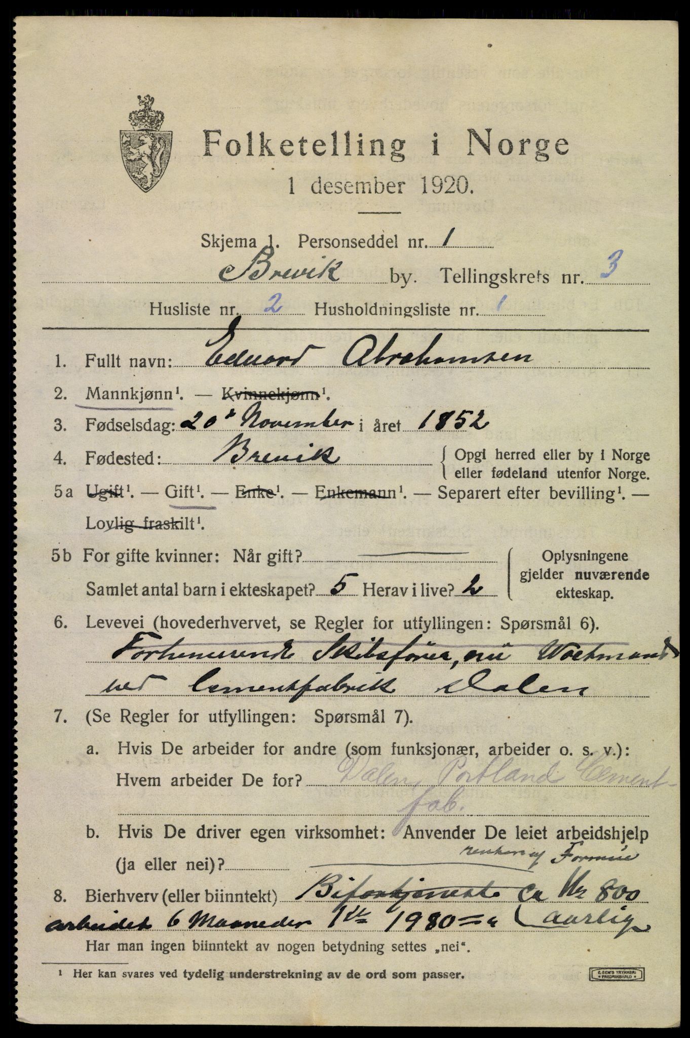 SAKO, 1920 census for Brevik, 1920, p. 4662