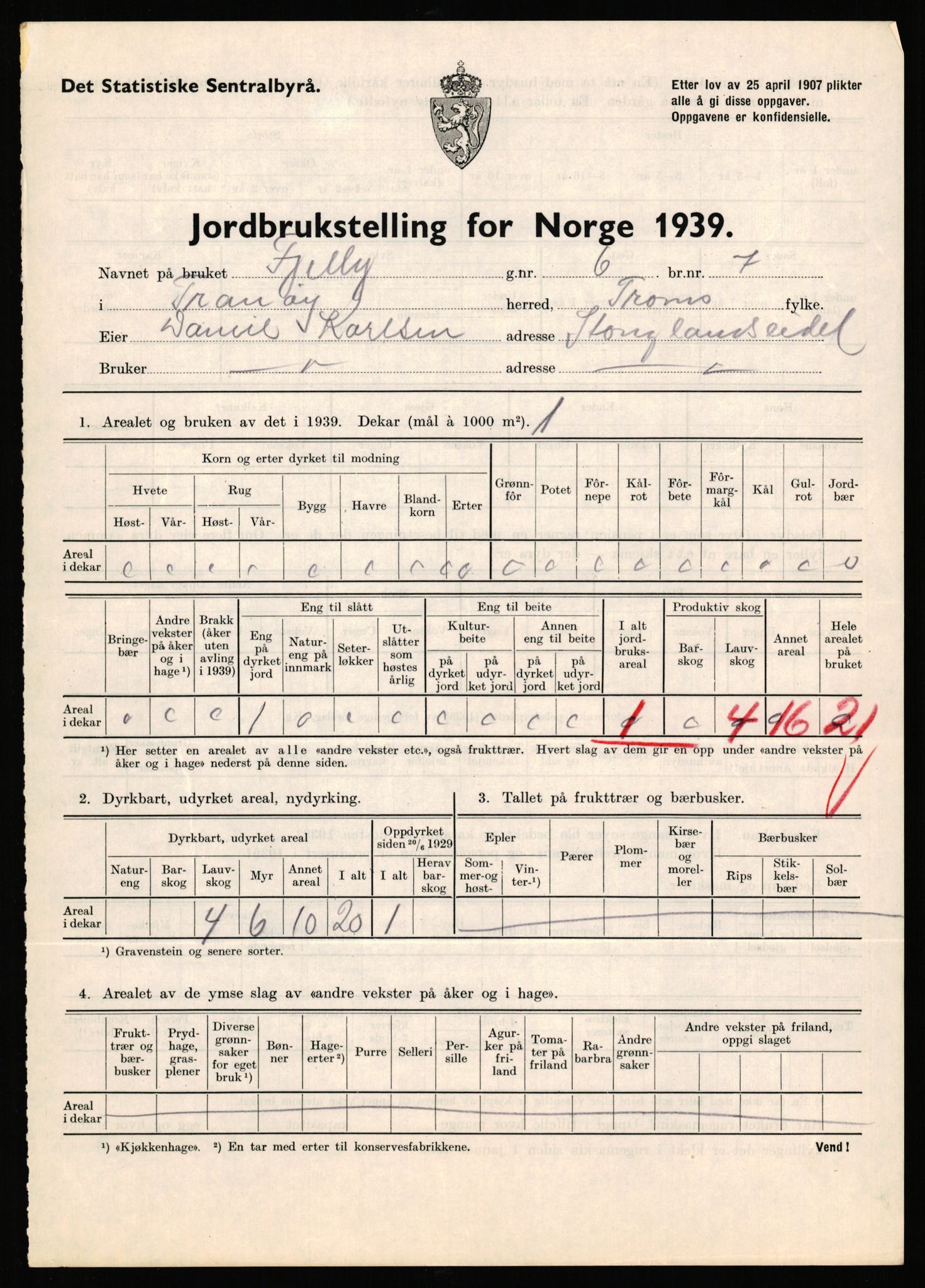 Statistisk sentralbyrå, Næringsøkonomiske emner, Jordbruk, skogbruk, jakt, fiske og fangst, AV/RA-S-2234/G/Gb/L0341: Troms: Sørreisa og Tranøy, 1939, p. 864