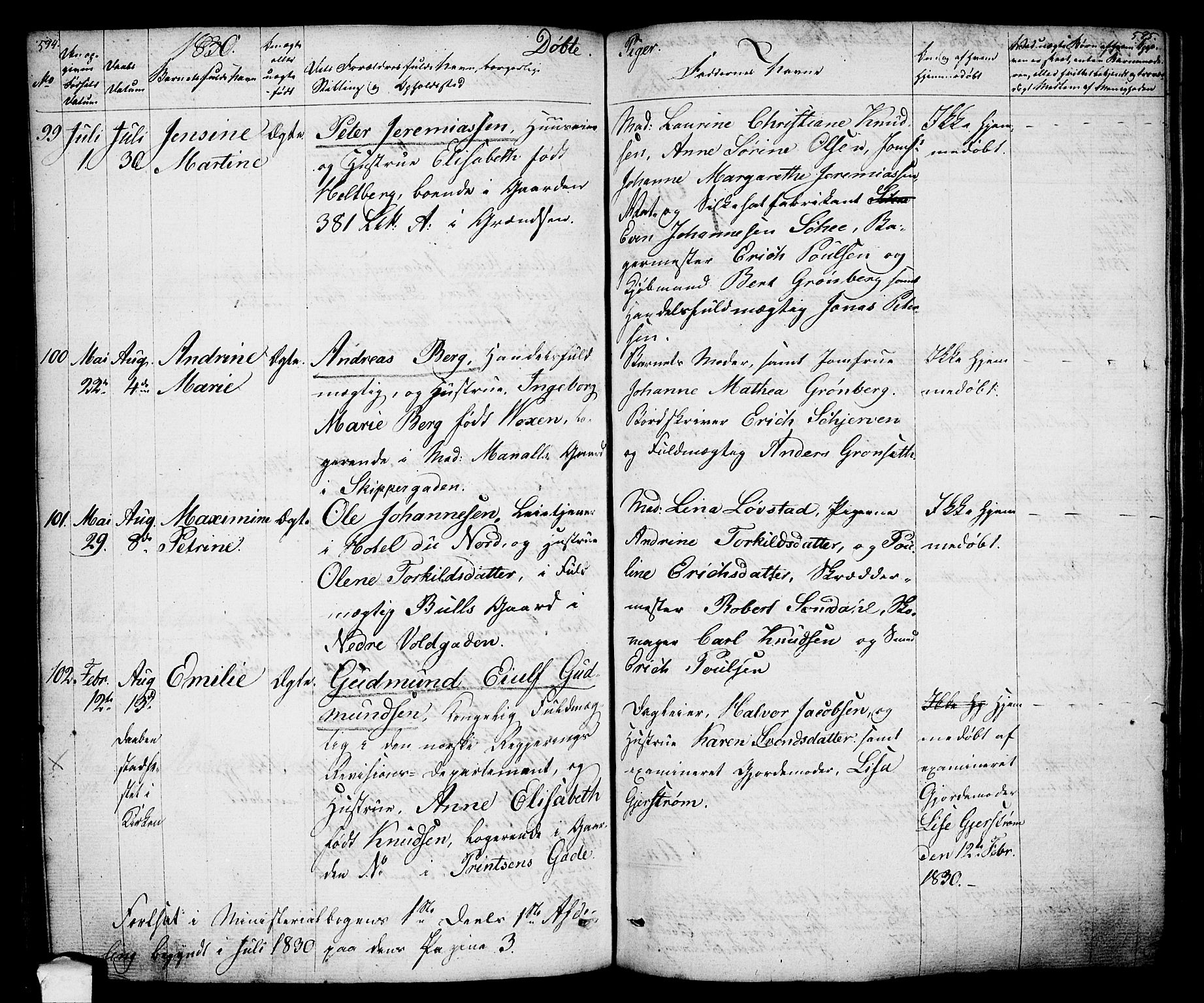 Oslo domkirke Kirkebøker, AV/SAO-A-10752/F/Fa/L0010: Parish register (official) no. 10, 1824-1830, p. 594-595