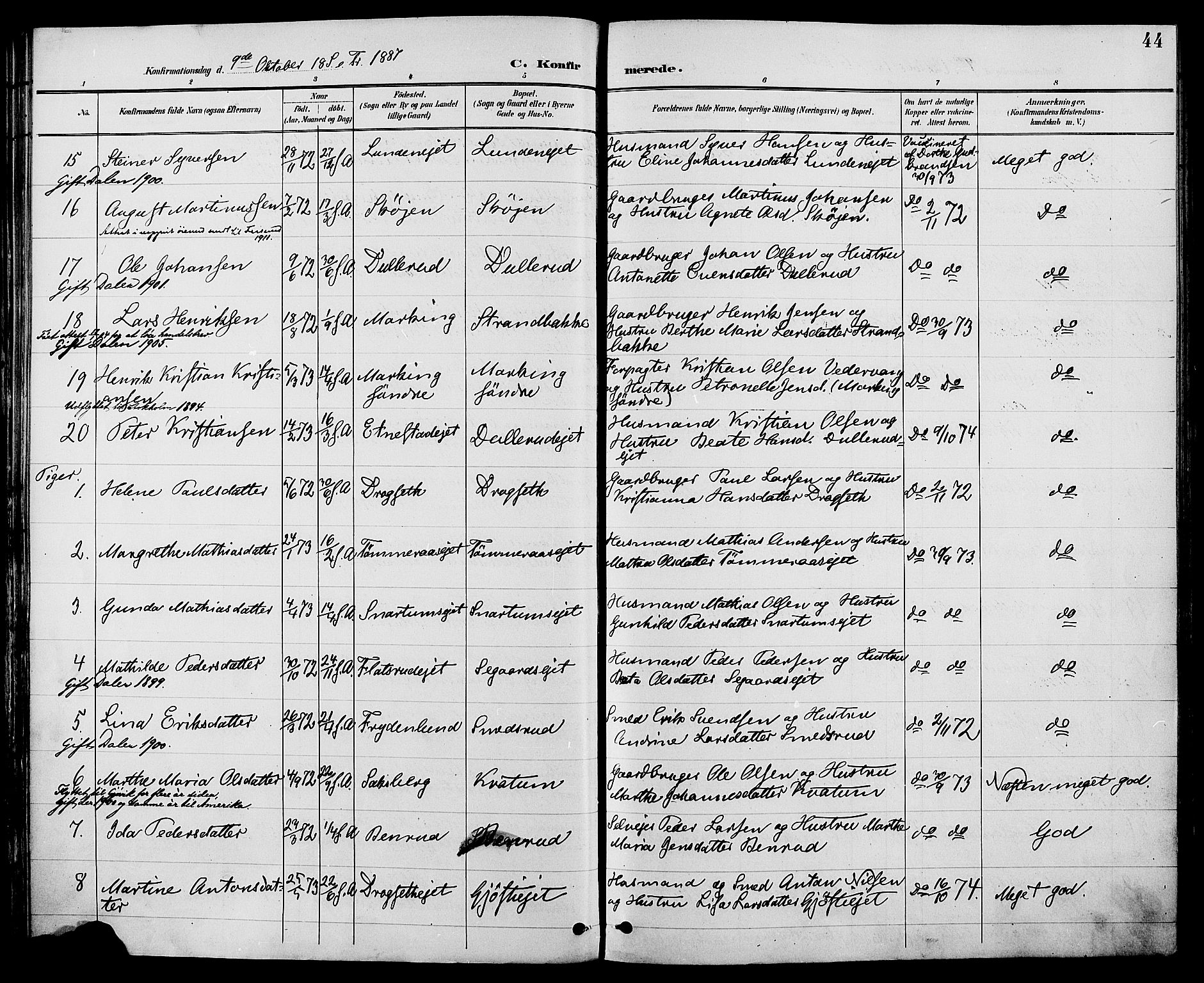 Biri prestekontor, AV/SAH-PREST-096/H/Ha/Haa/L0007: Parish register (official) no. 7, 1887-1893, p. 44