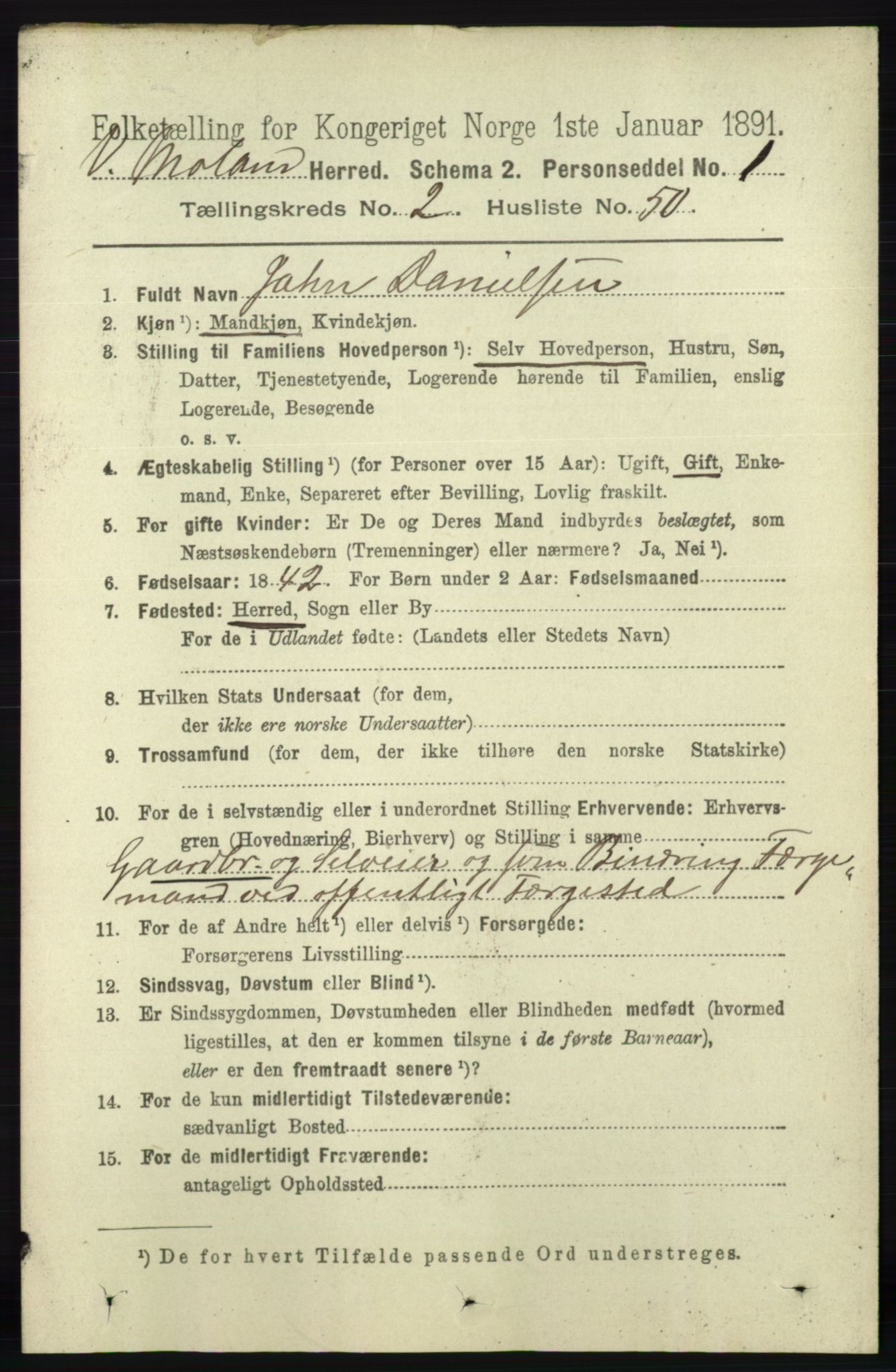 RA, 1891 census for 0926 Vestre Moland, 1891, p. 884