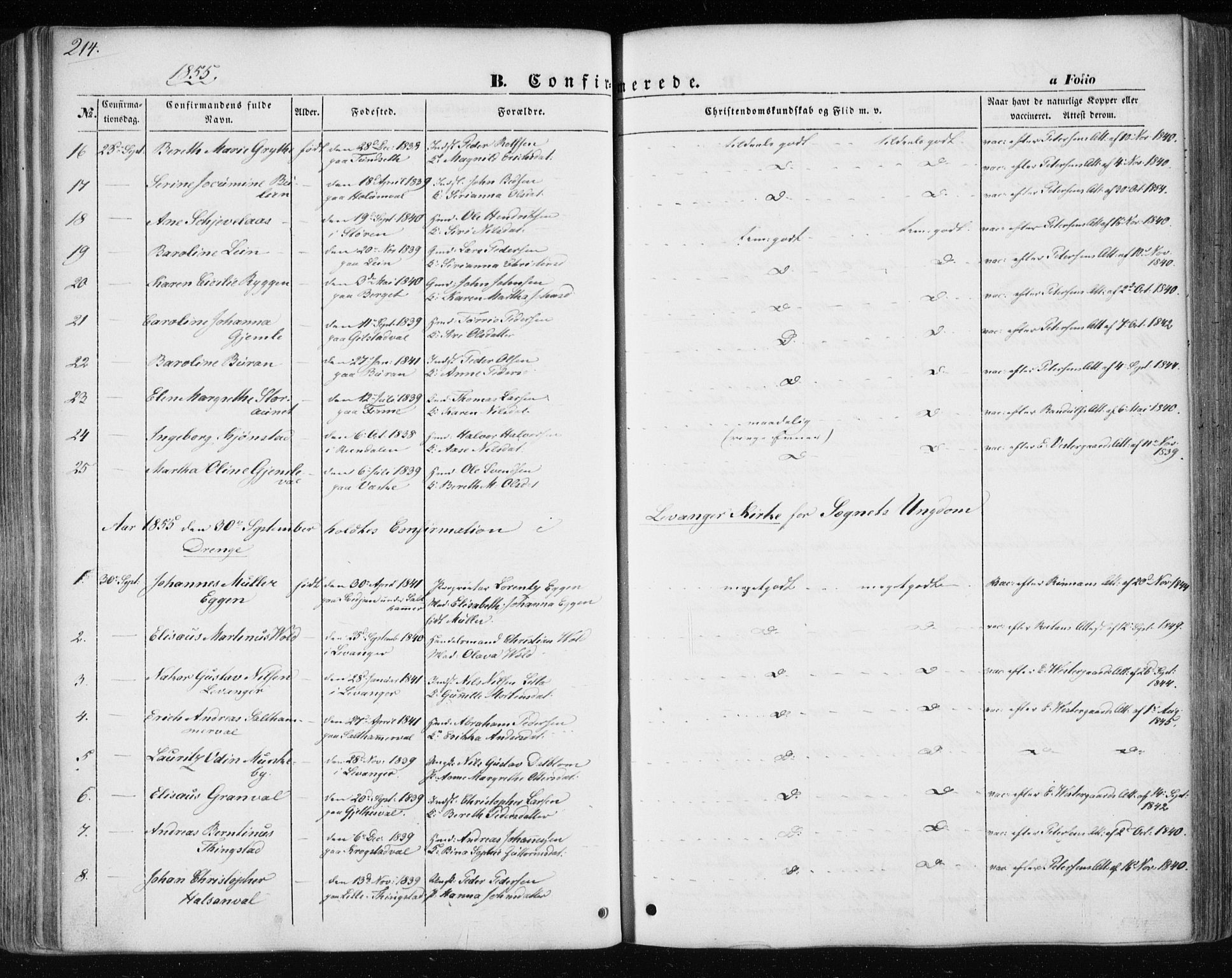 Ministerialprotokoller, klokkerbøker og fødselsregistre - Nord-Trøndelag, AV/SAT-A-1458/717/L0154: Parish register (official) no. 717A07 /1, 1850-1862, p. 214