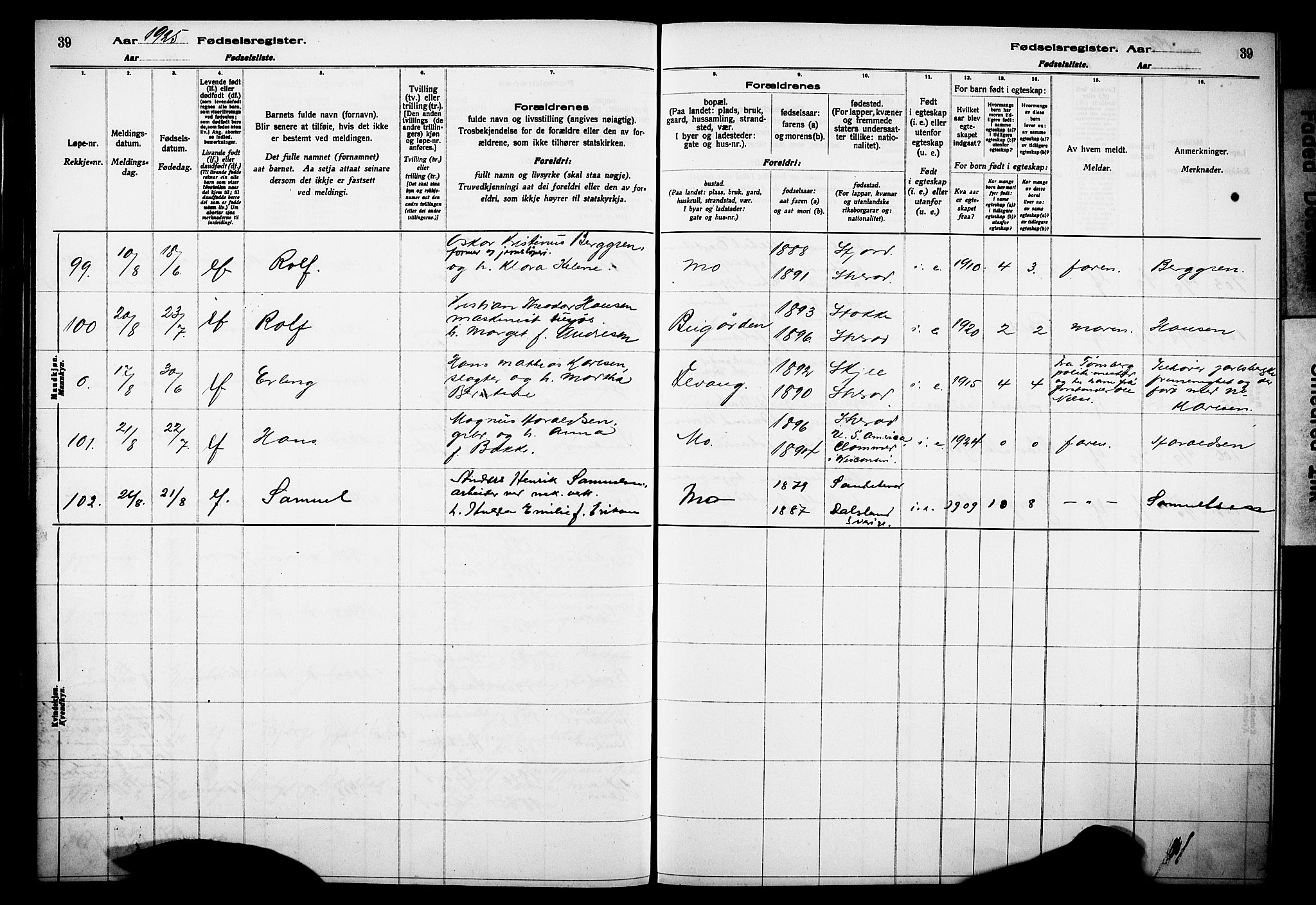 Sandar kirkebøker, AV/SAKO-A-243/J/Ja/L0002: Birth register no. 2, 1922-1929, p. 39