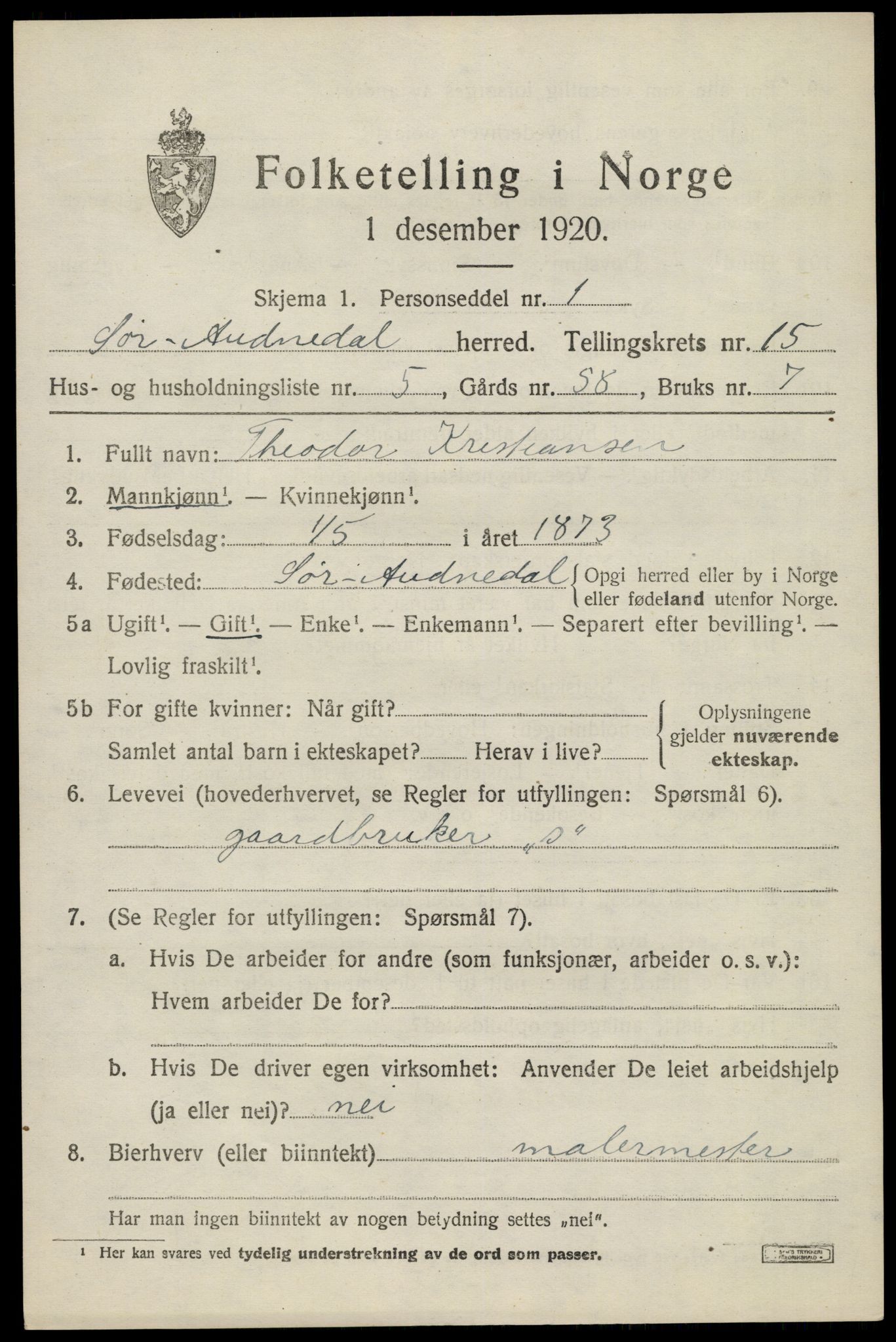 SAK, 1920 census for Sør-Audnedal, 1920, p. 5751