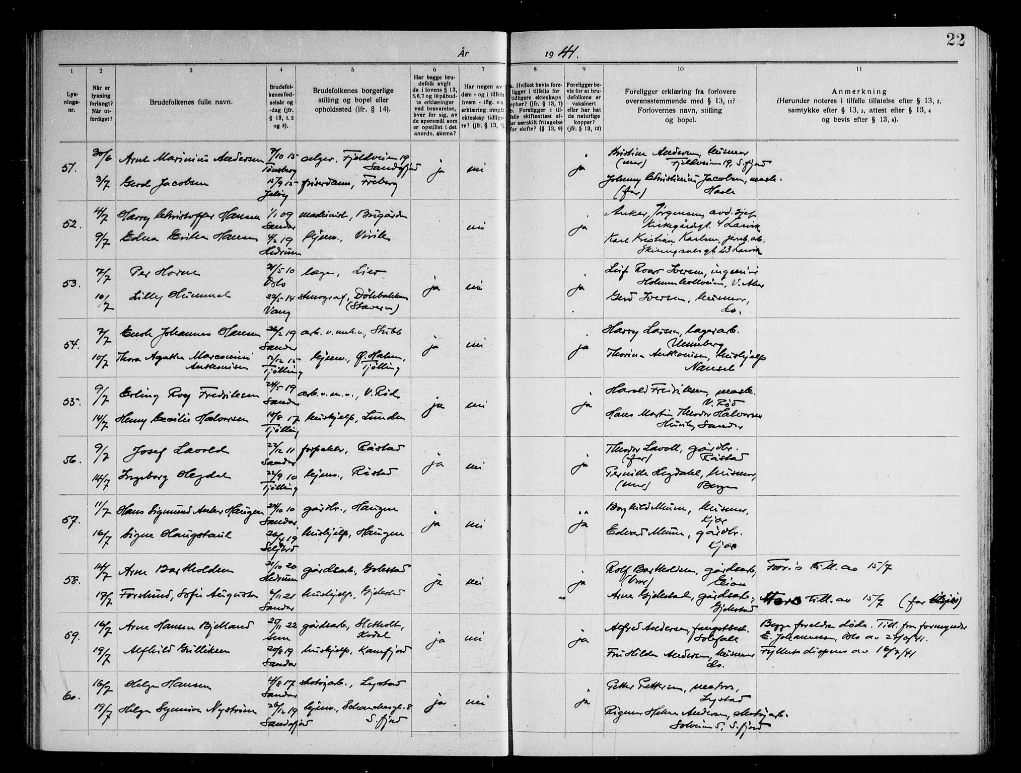 Sandar kirkebøker, AV/SAKO-A-243/H/Ha/L0007: Banns register no. 7, 1939-1949, p. 22
