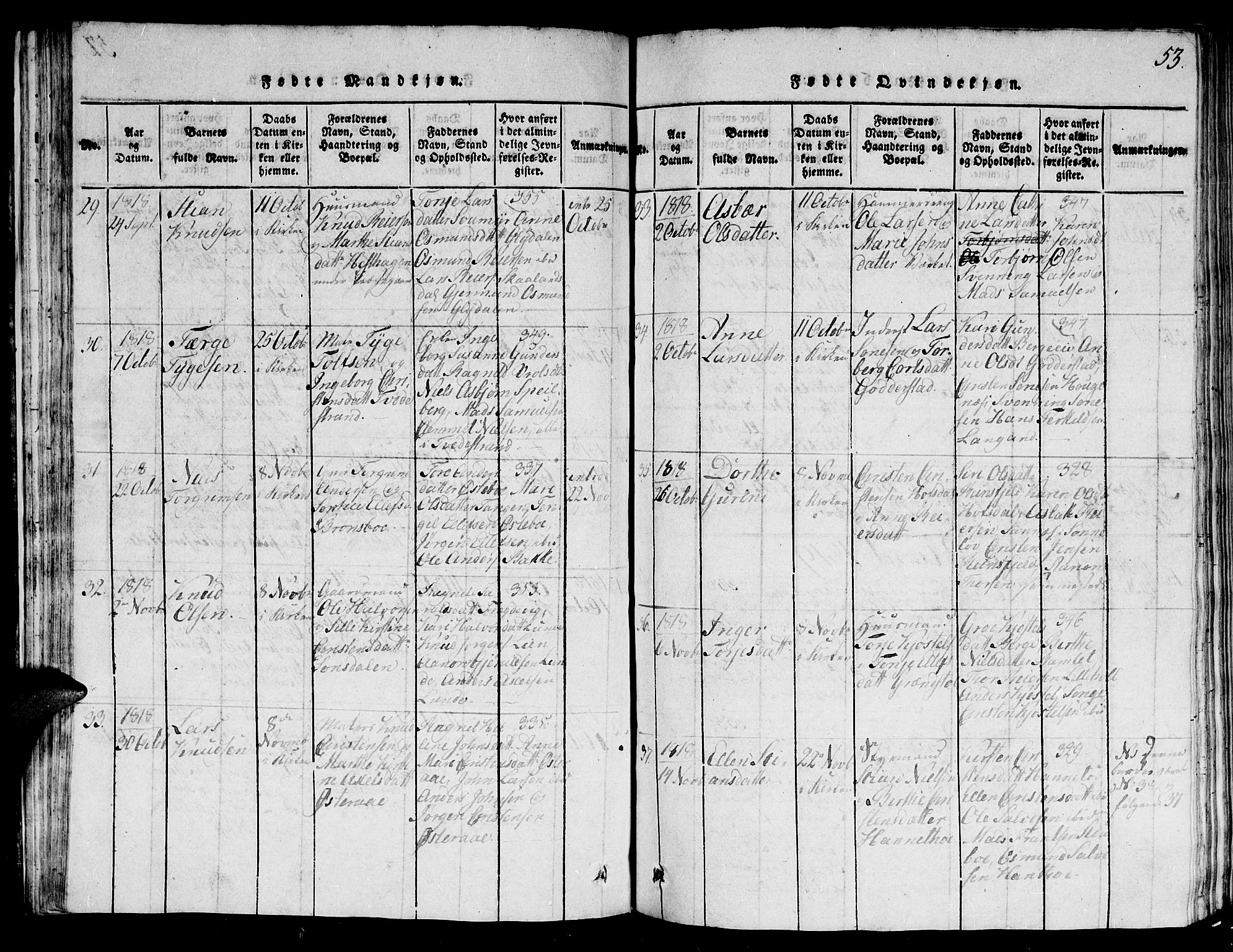 Holt sokneprestkontor, AV/SAK-1111-0021/F/Fb/L0006: Parish register (copy) no. B 6, 1813-1823, p. 53