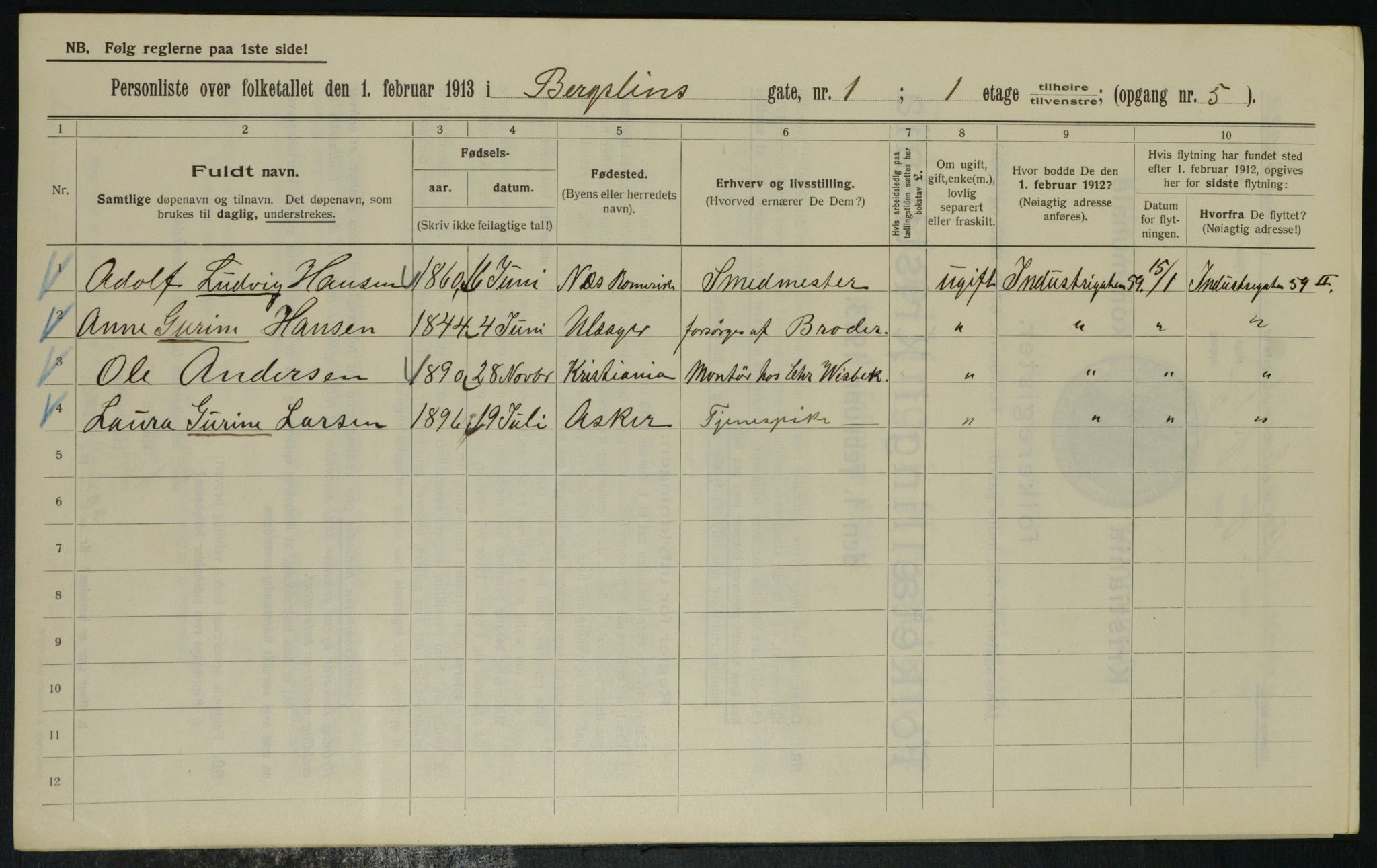 OBA, Municipal Census 1913 for Kristiania, 1913, p. 3861