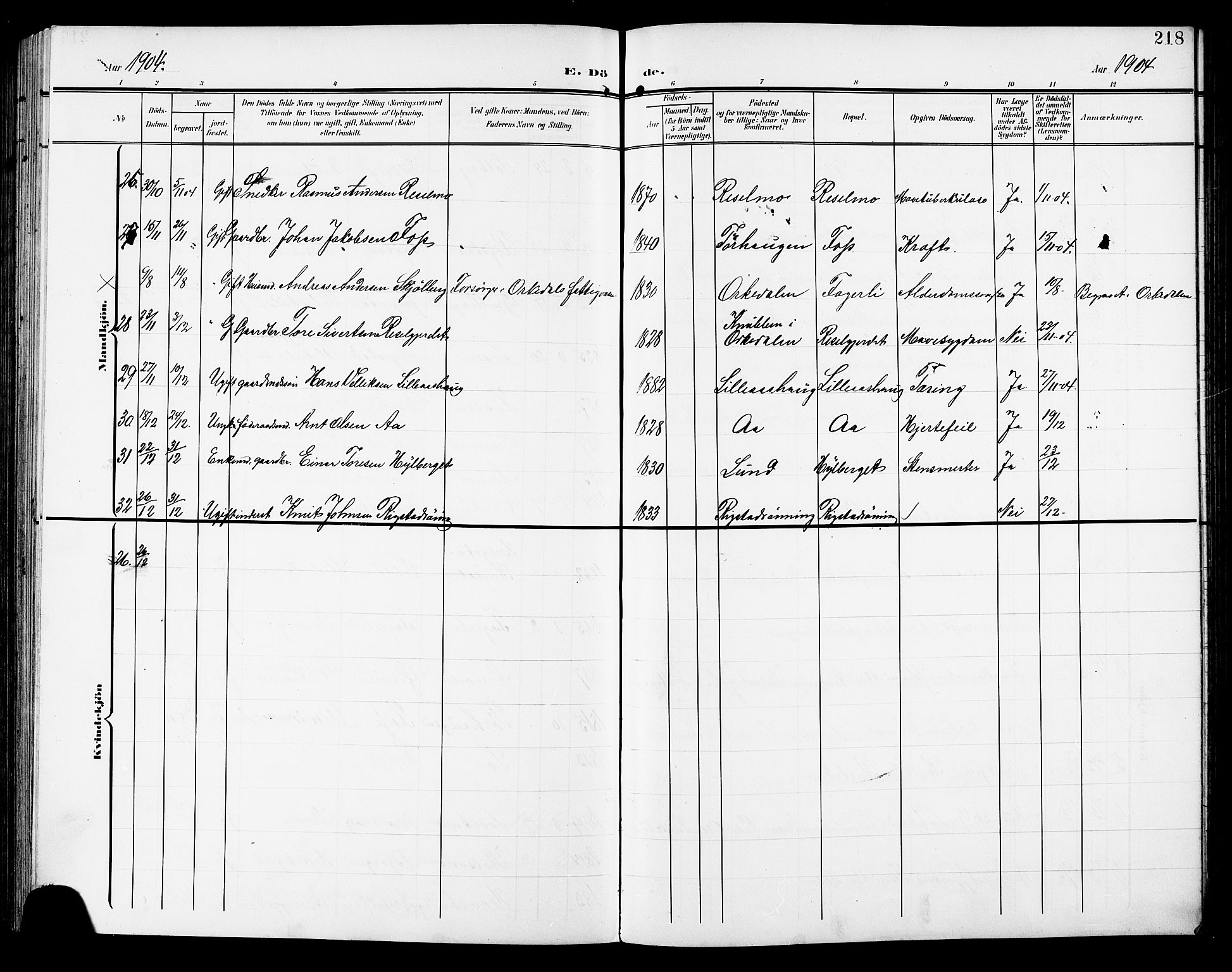 Ministerialprotokoller, klokkerbøker og fødselsregistre - Sør-Trøndelag, AV/SAT-A-1456/672/L0864: Parish register (copy) no. 672C03, 1902-1914, p. 218