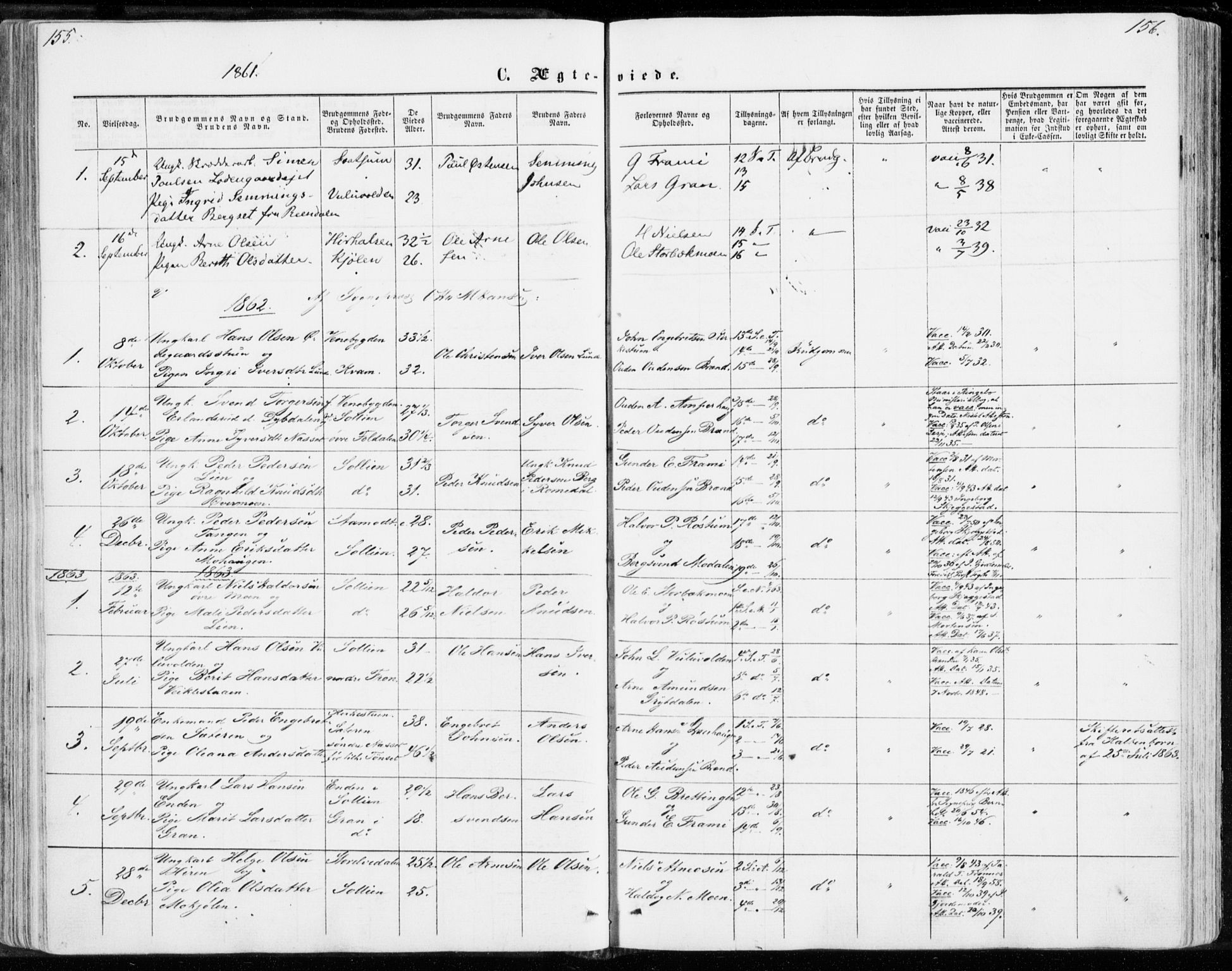 Sollia prestekontor, SAH/PREST-050/H/Ha/Haa/L0001: Parish register (official) no. 1, 1856-1885, p. 155-156