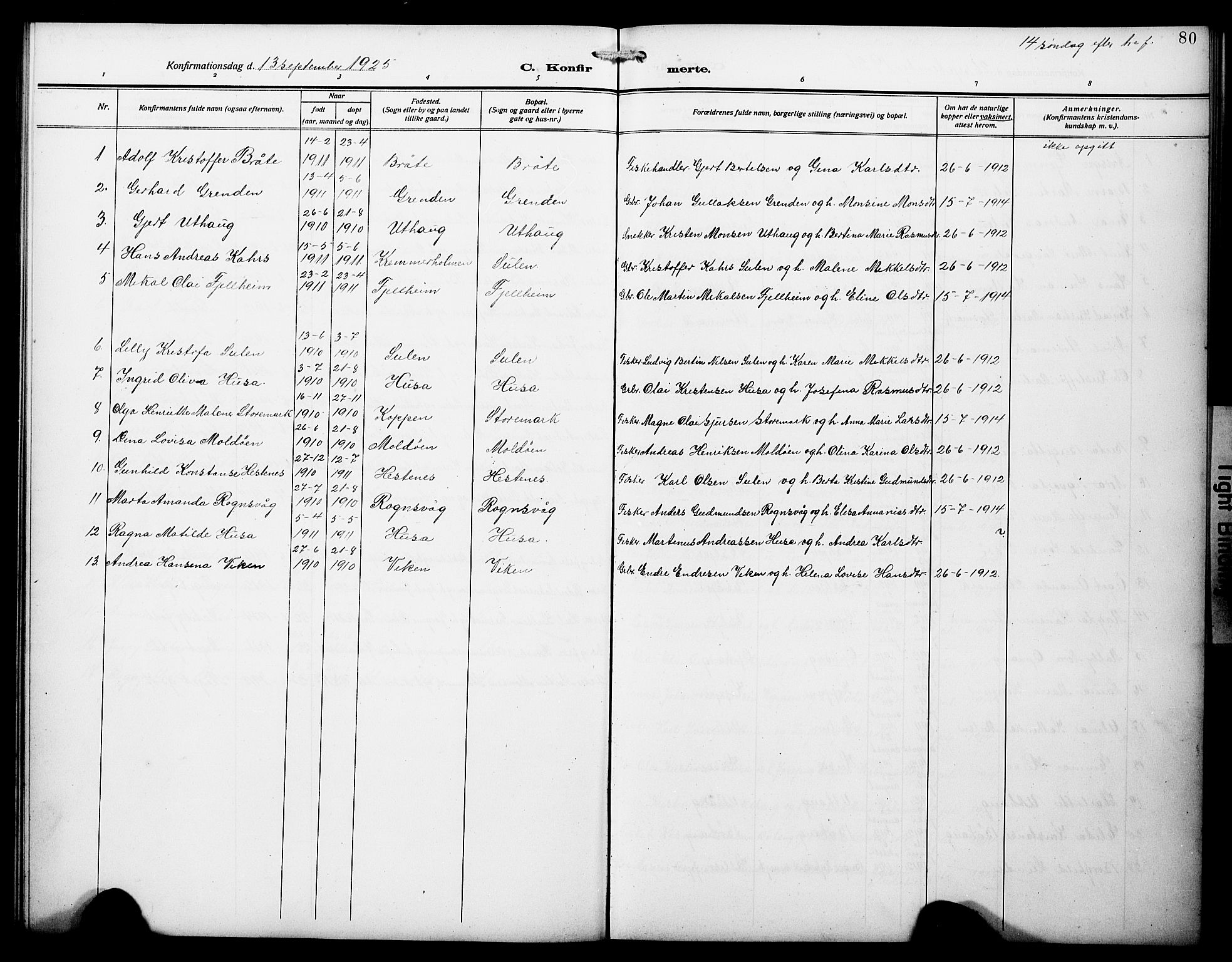Lindås Sokneprestembete, AV/SAB-A-76701/H/Hab/Habd/L0004: Parish register (copy) no. D 4, 1913-1928, p. 80