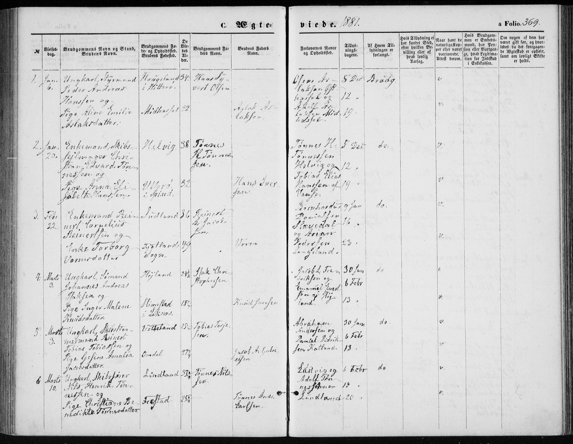 Lista sokneprestkontor, AV/SAK-1111-0027/F/Fb/L0004: Parish register (copy) no. B 4, 1877-1891, p. 369