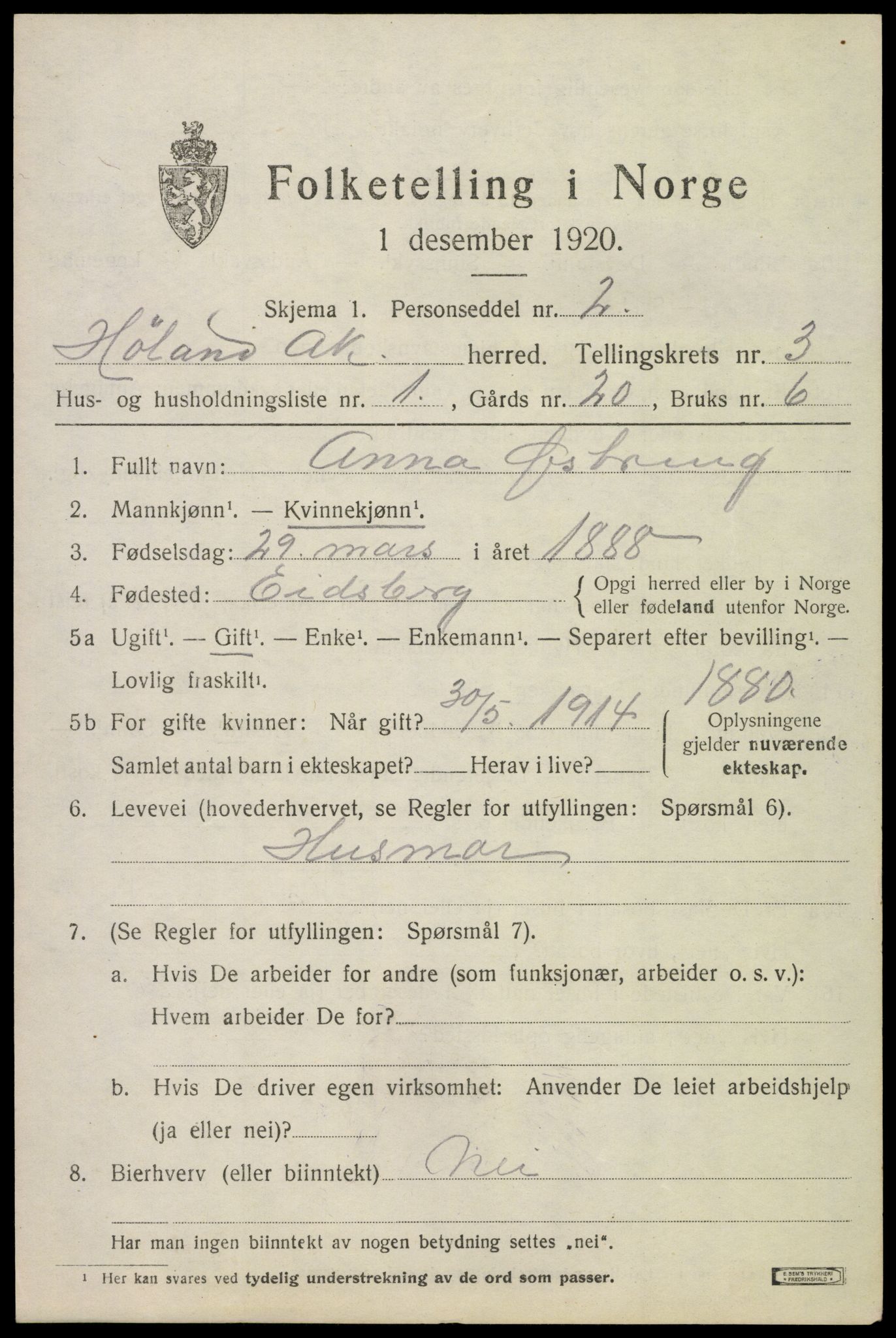 SAO, 1920 census for Høland, 1920, p. 5055