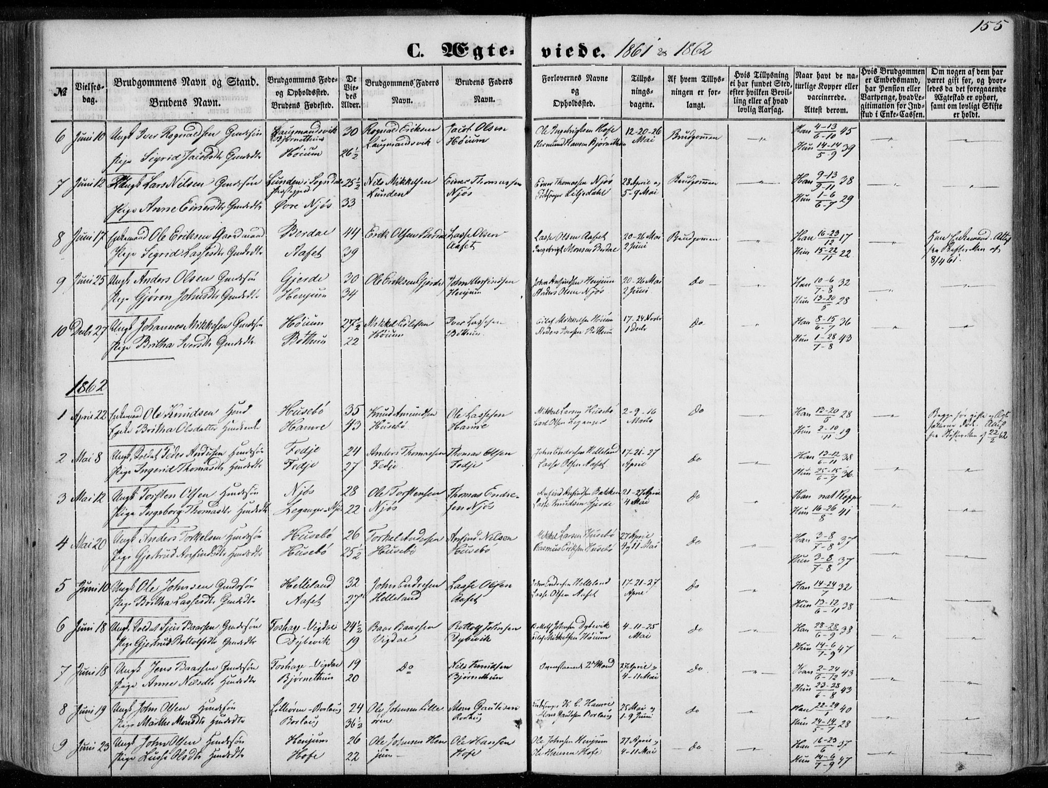 Leikanger sokneprestembete, AV/SAB-A-81001/H/Haa/Haaa/L0008: Parish register (official) no. A 8, 1852-1868, p. 155