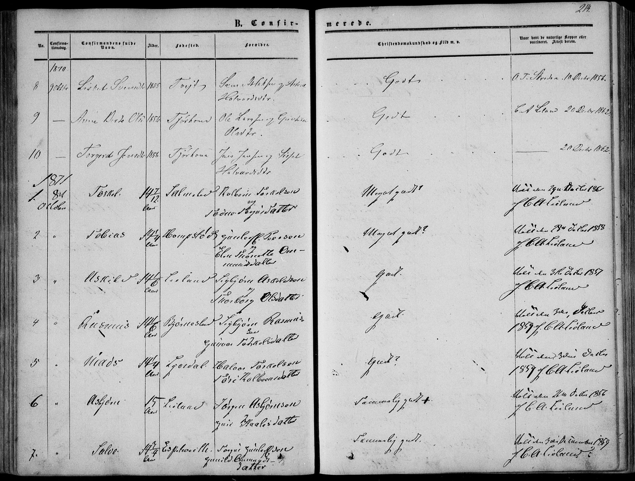 Sirdal sokneprestkontor, SAK/1111-0036/F/Fa/Fab/L0002: Parish register (official) no. A 2, 1855-1874, p. 214